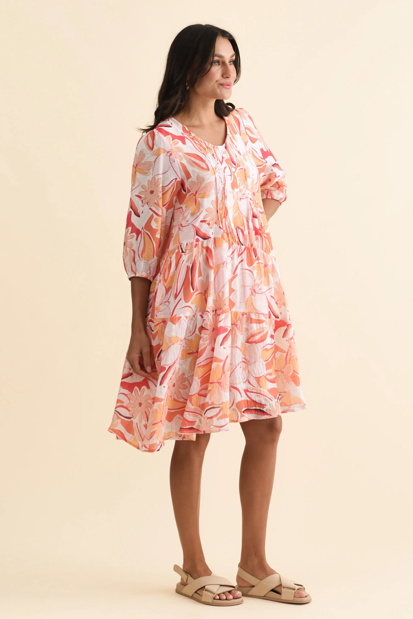 Esta Orange Flower Sleeved Dress - Image 3