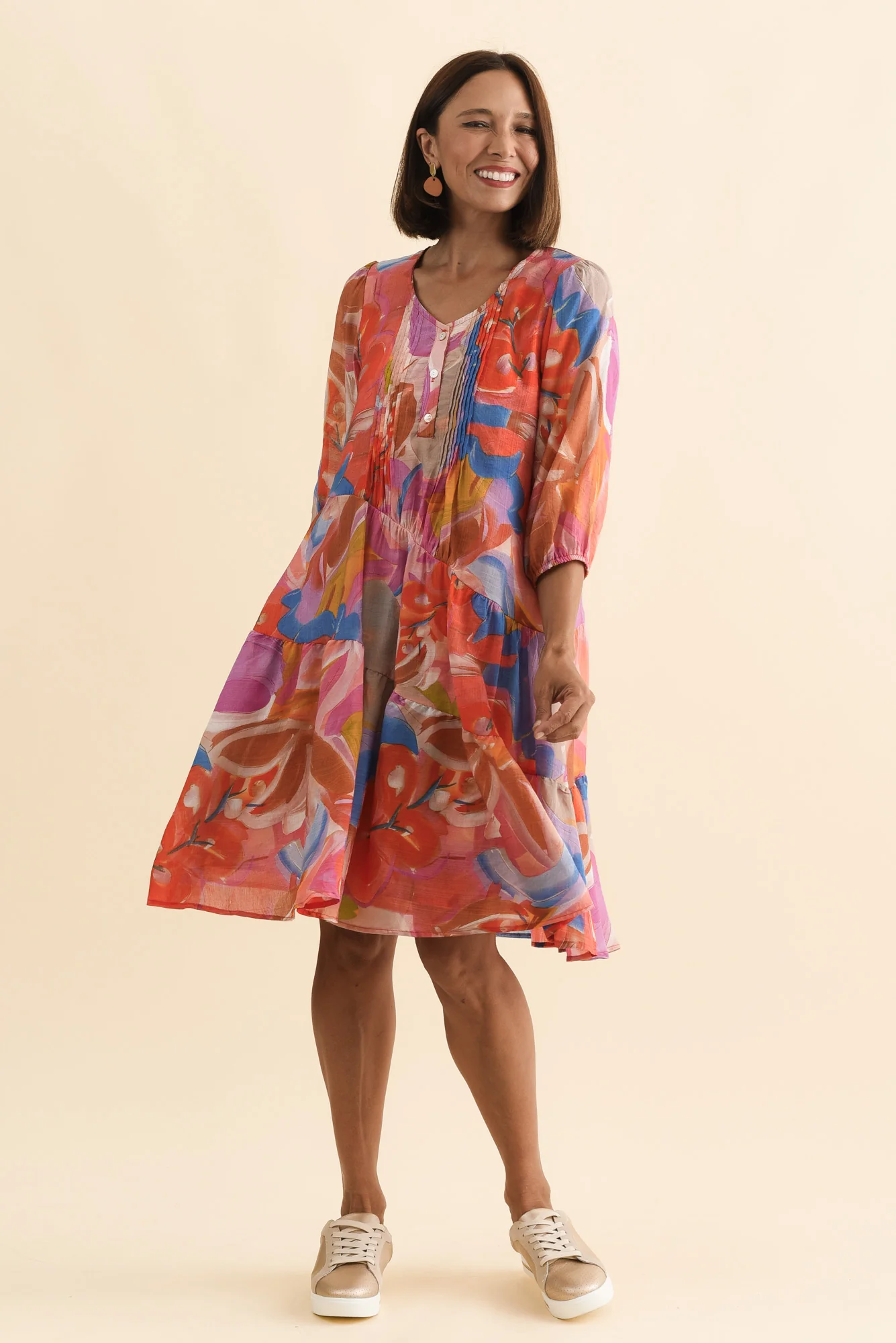 Esta Rust Abstract Sleeved Dress - Image 2