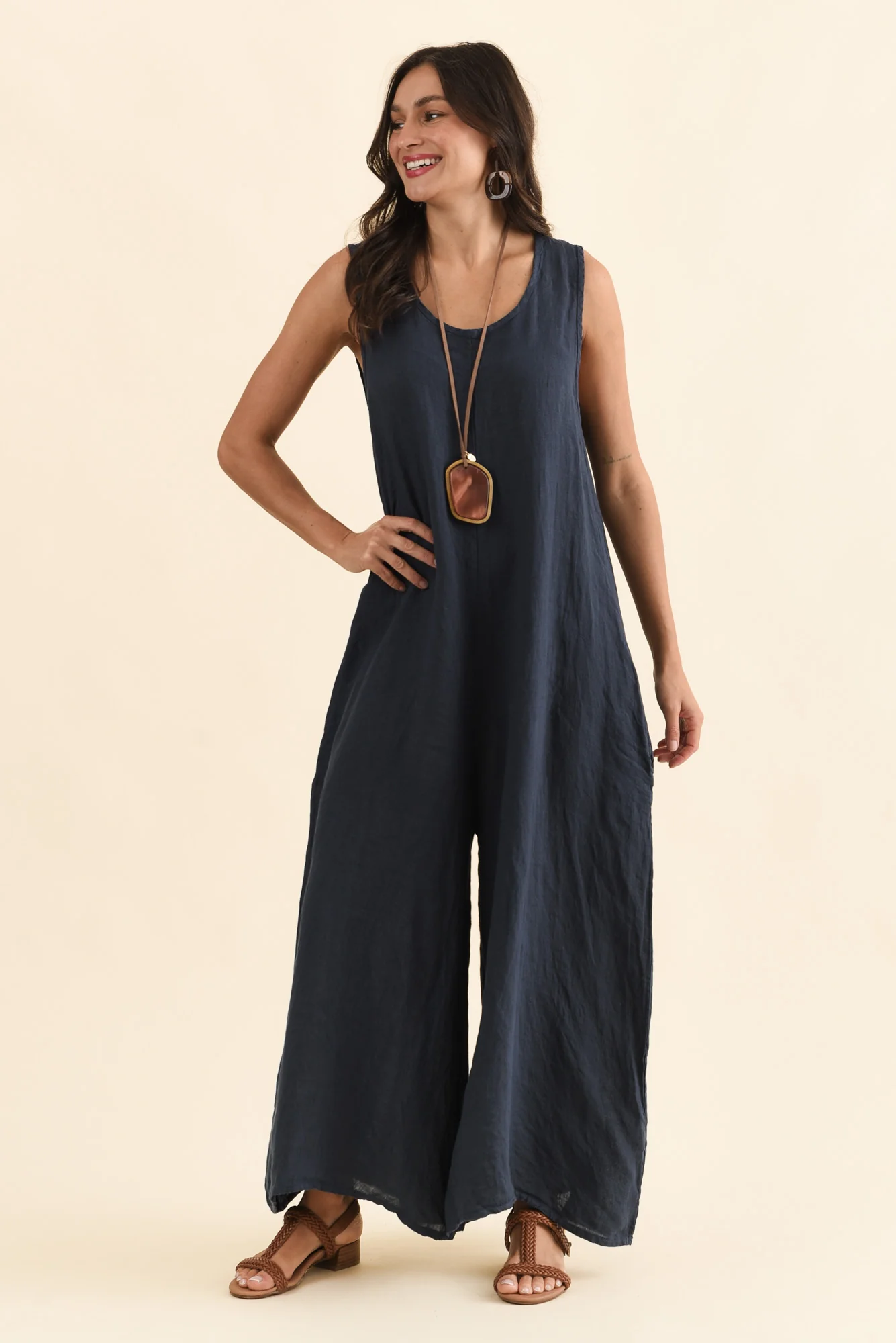 Fay Navy Linen Jumpsuit