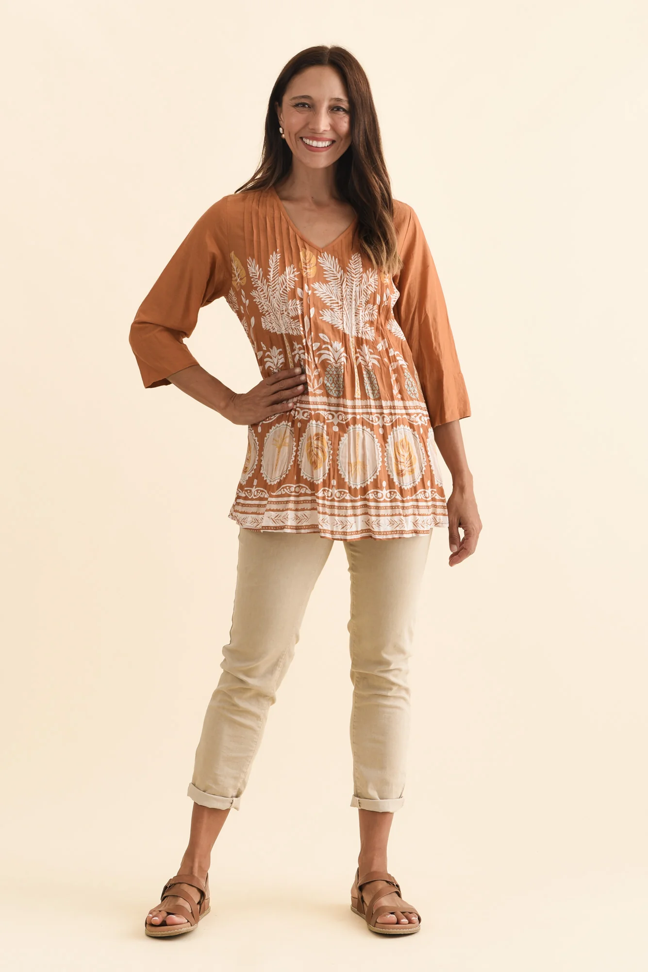 Fia Brown Beach Sleeved Crinkle Cotton Top - Image 2