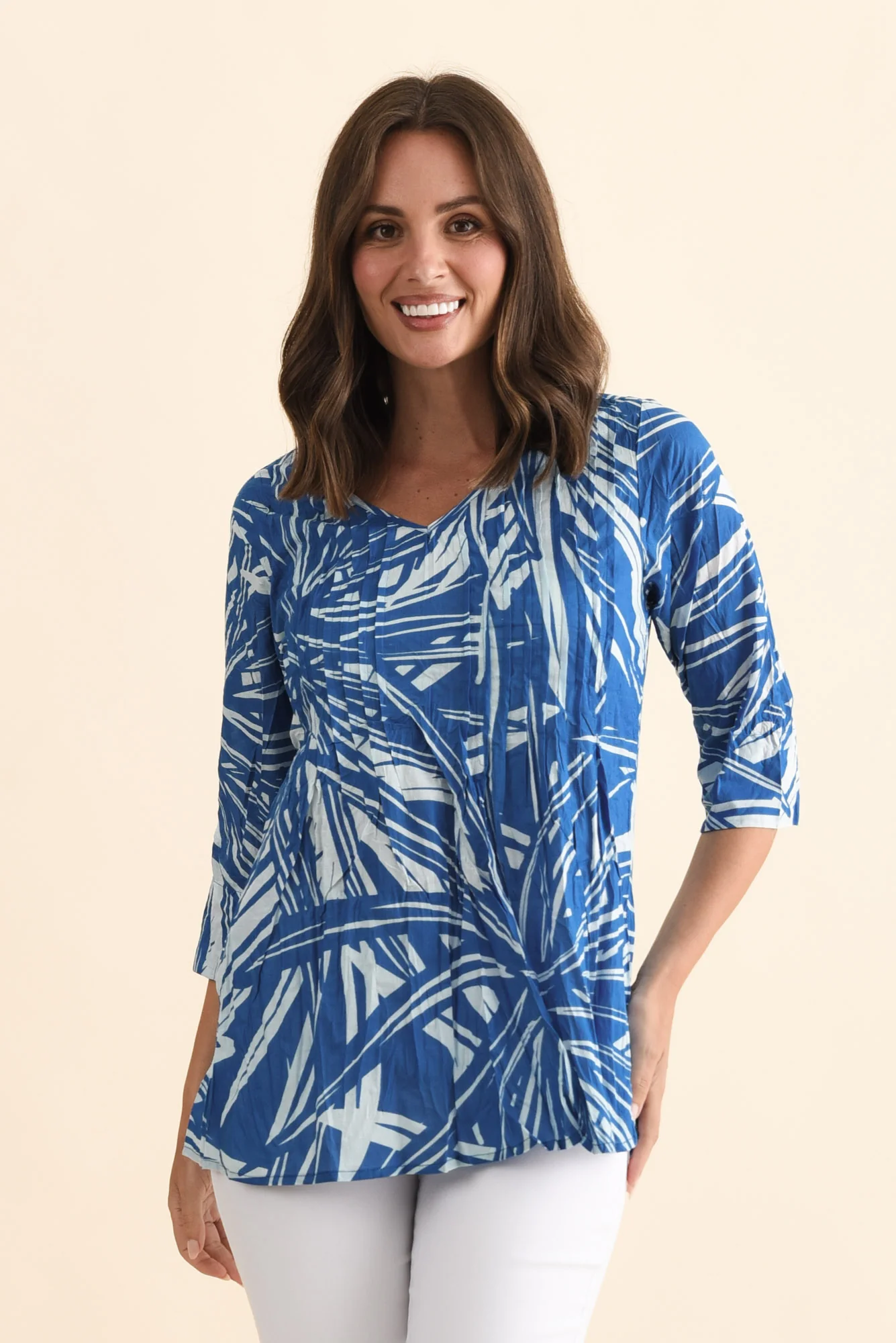 Fia Cobalt Burst Sleeved Crinkle Cotton Top