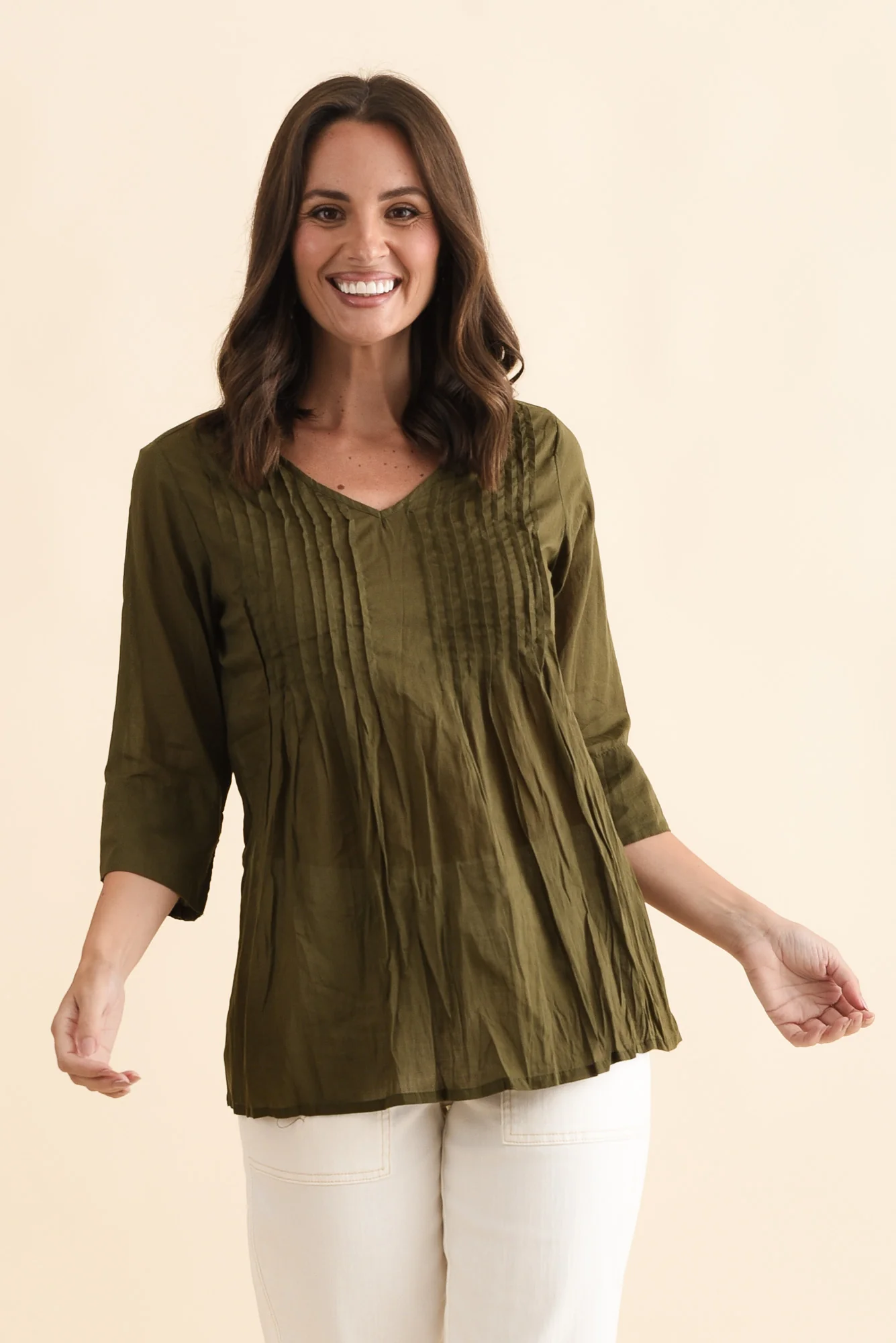 Fia Khaki Sleeved Crinkle Cotton Top