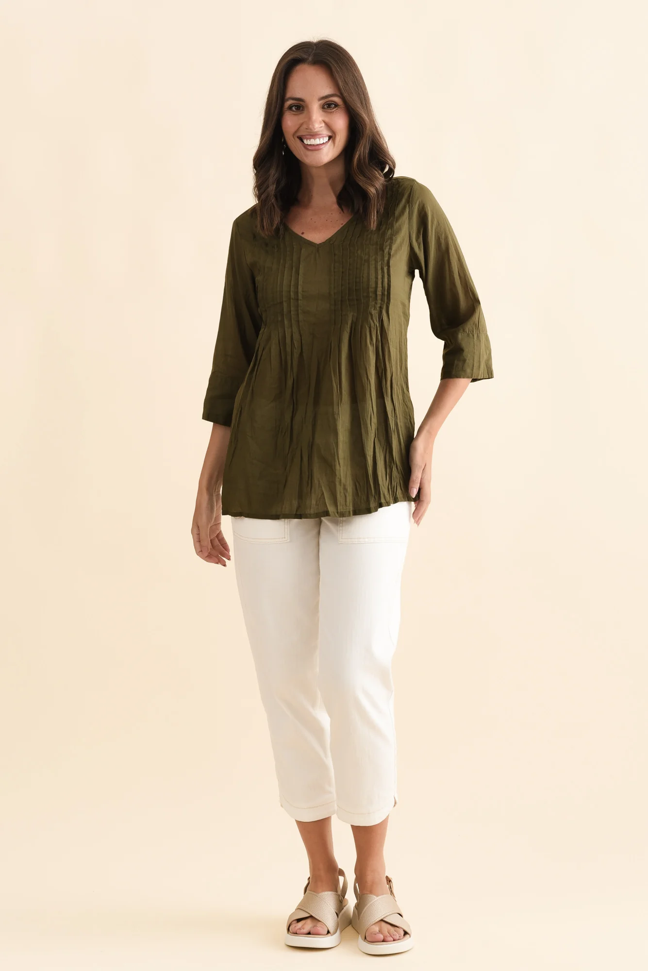 Fia Khaki Sleeved Crinkle Cotton Top - Image 2