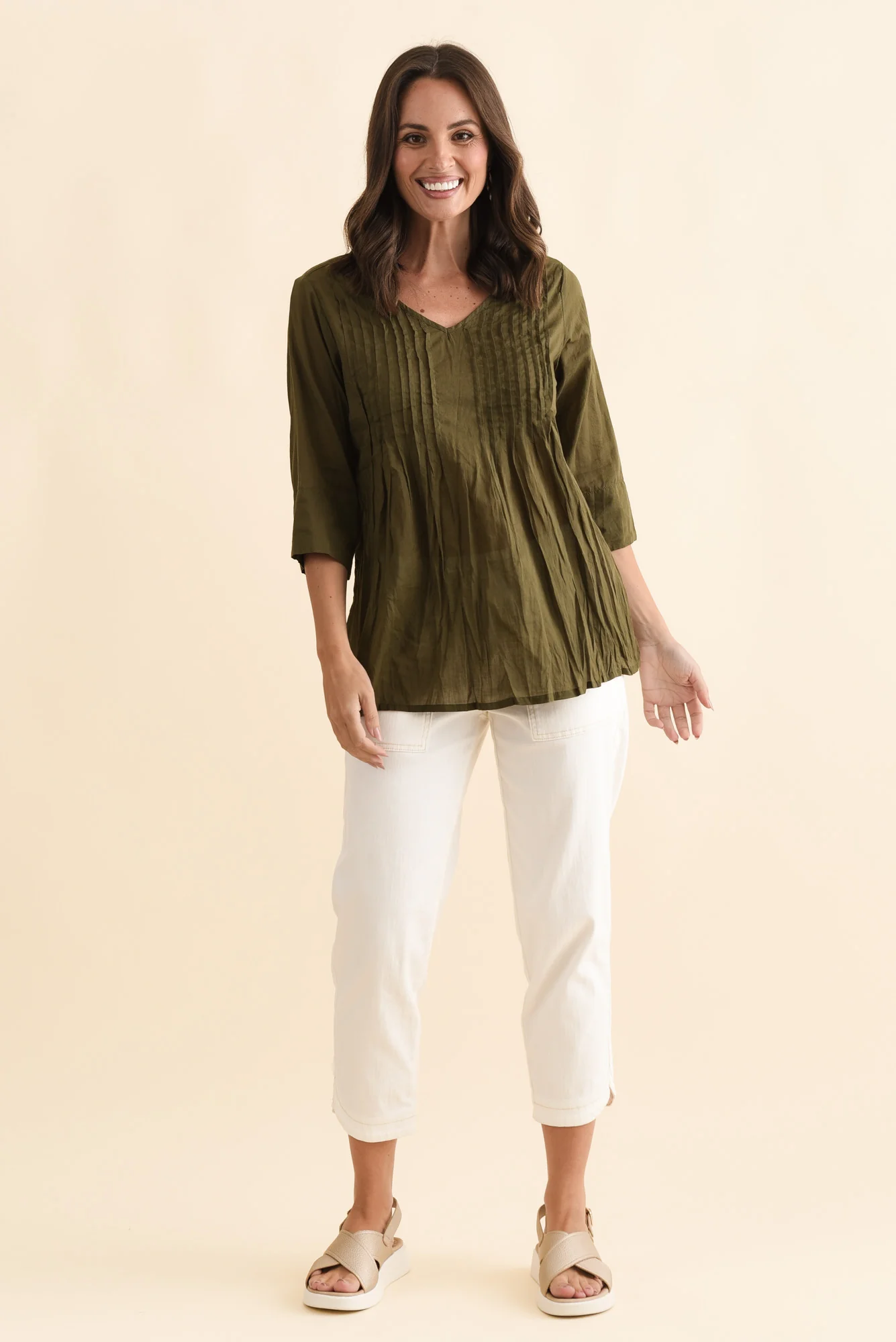 Fia Khaki Sleeved Crinkle Cotton Top - Image 6