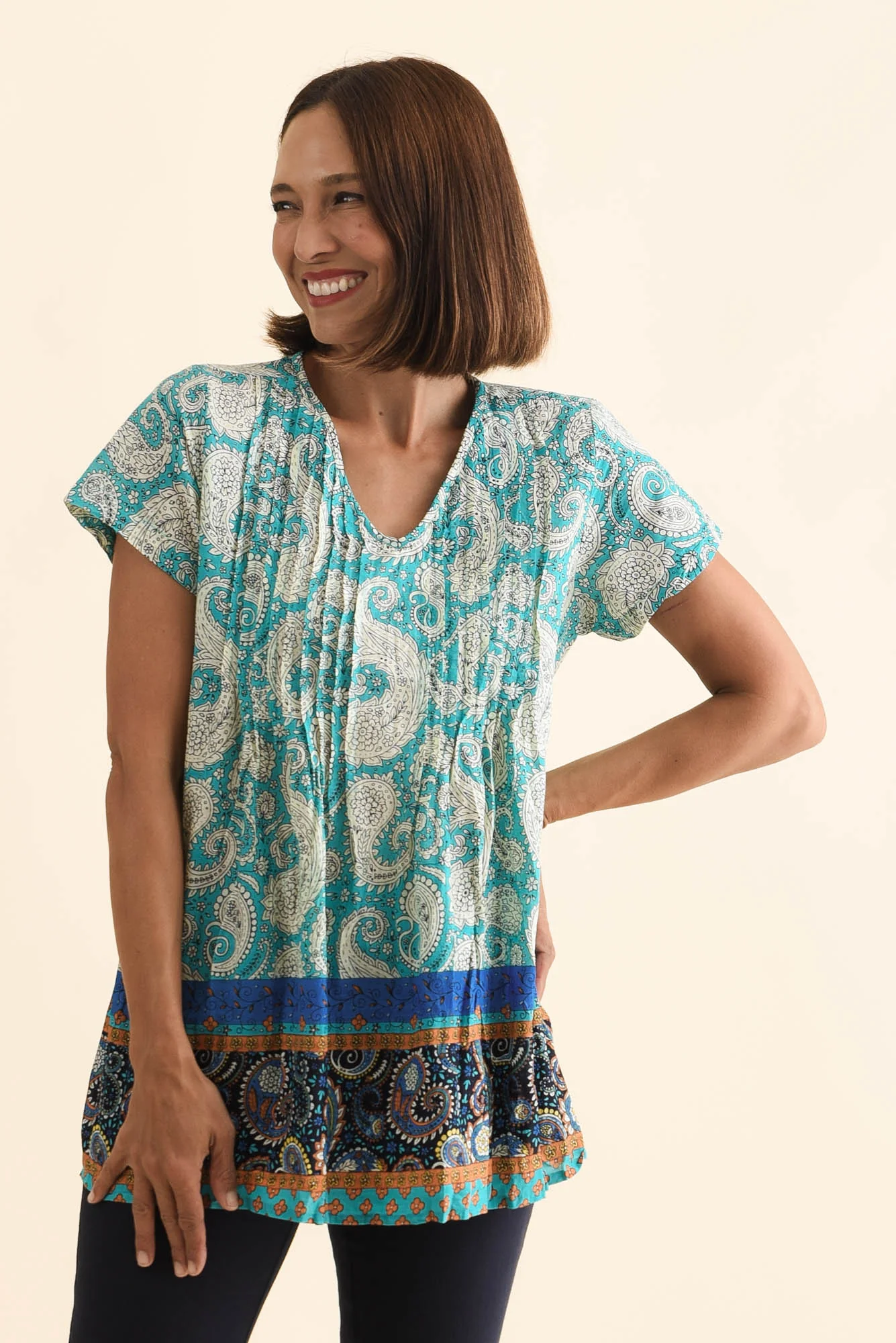 Fia Light Blue Paisley Crinkle Cotton Top