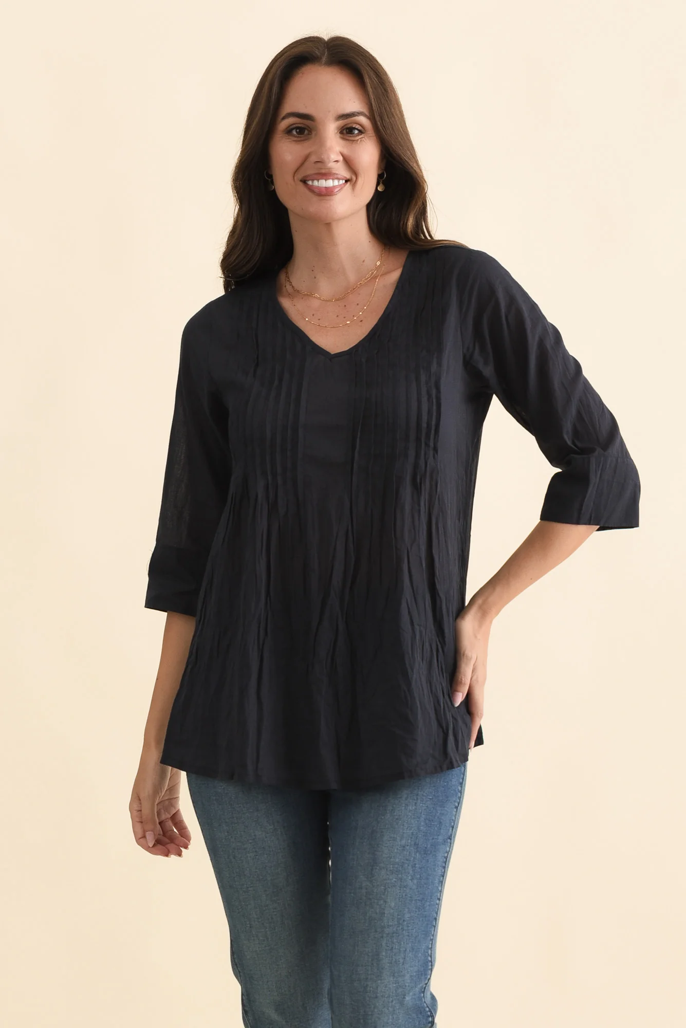 Fia Navy Sleeved Crinkle Cotton Top