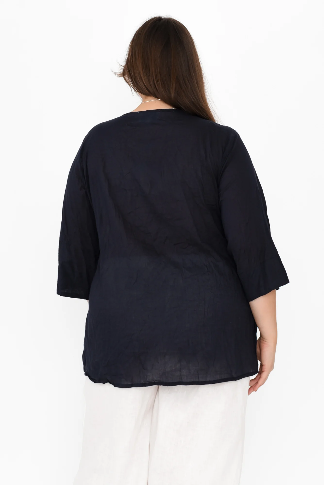 Fia Navy Sleeved Crinkle Cotton Top - Image 10