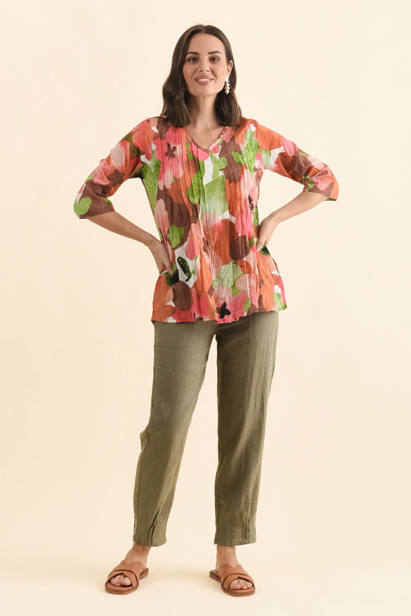 Fia Pink Floral Sleeved Crinkle Cotton Top - Image 6