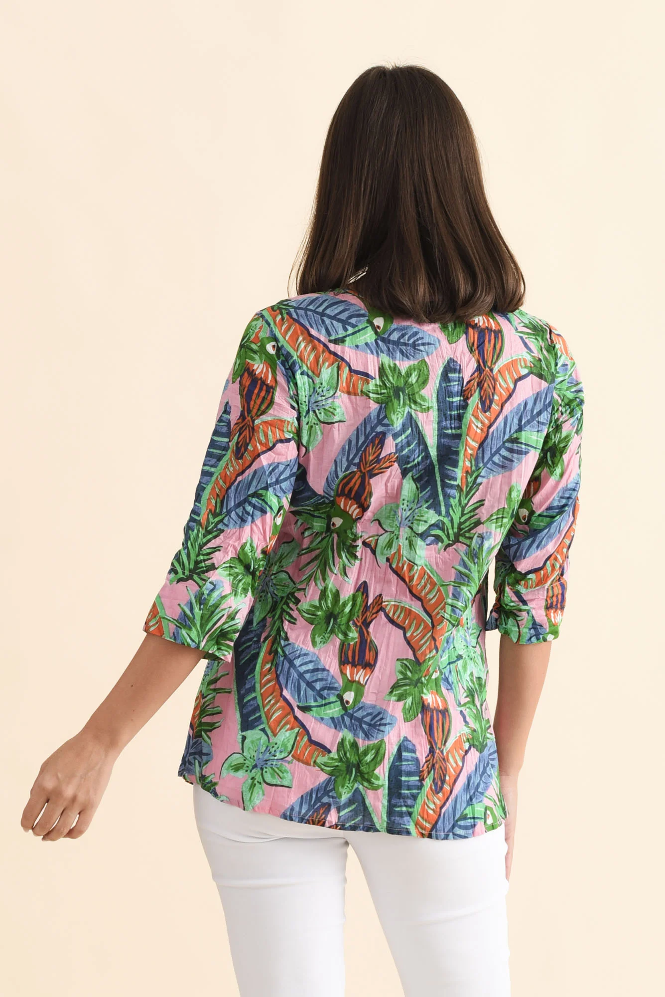 Fia Pink Tropical Sleeved Crinkle Cotton Top - Image 4