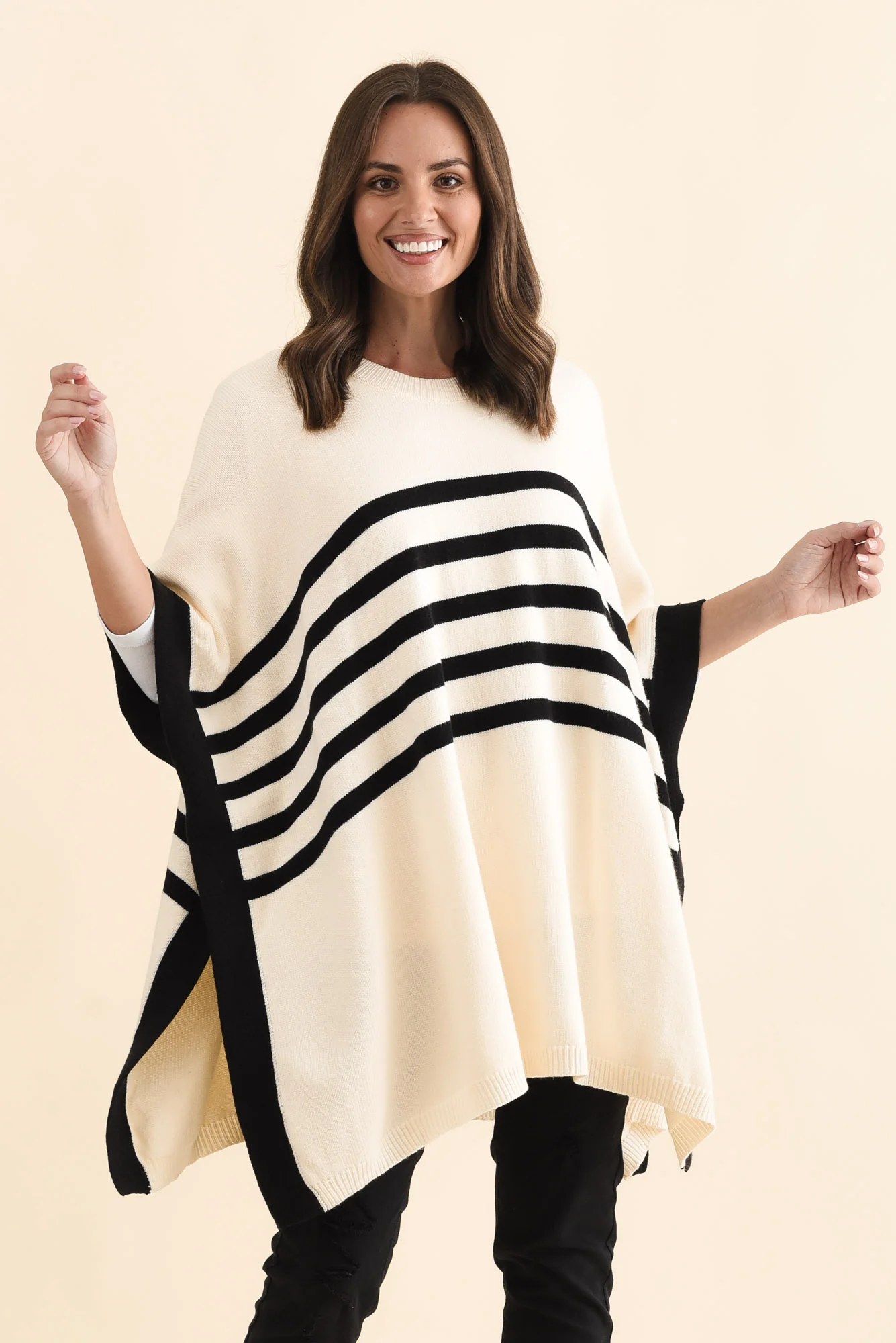 Fidelia White Stripe Knit Poncho - Image 2