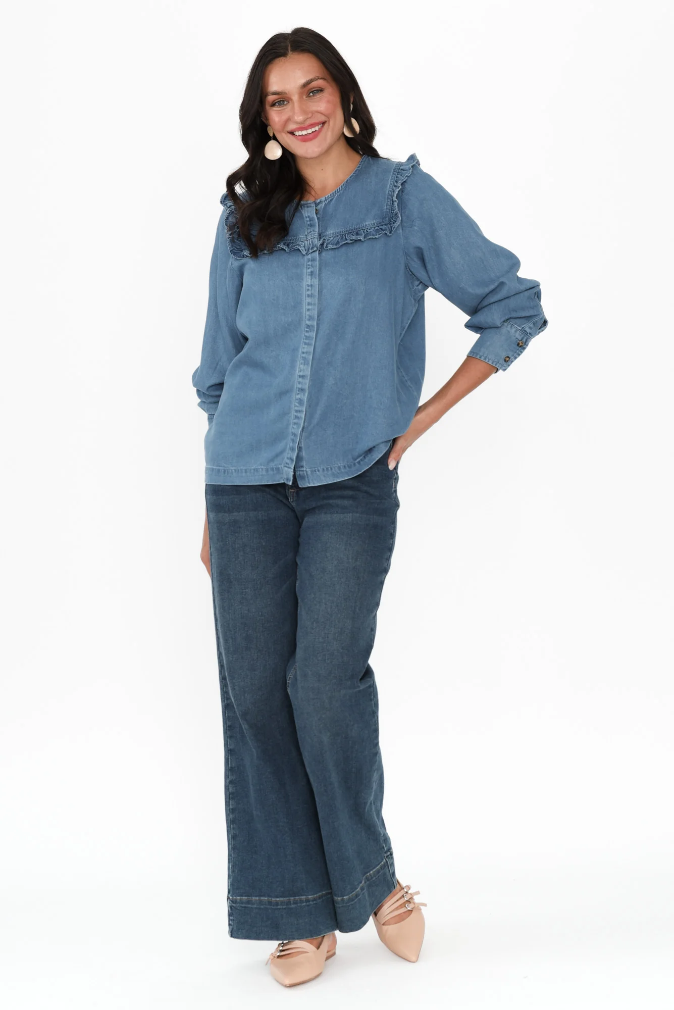 Frankie Blue Denim Frill Blouse - Image 2