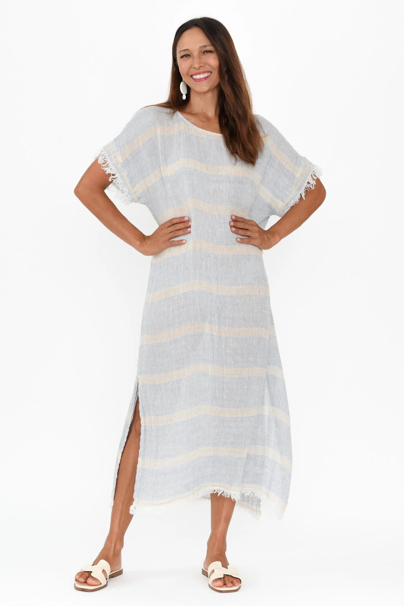 Galene Blue Stripe Linen Dress - Image 2