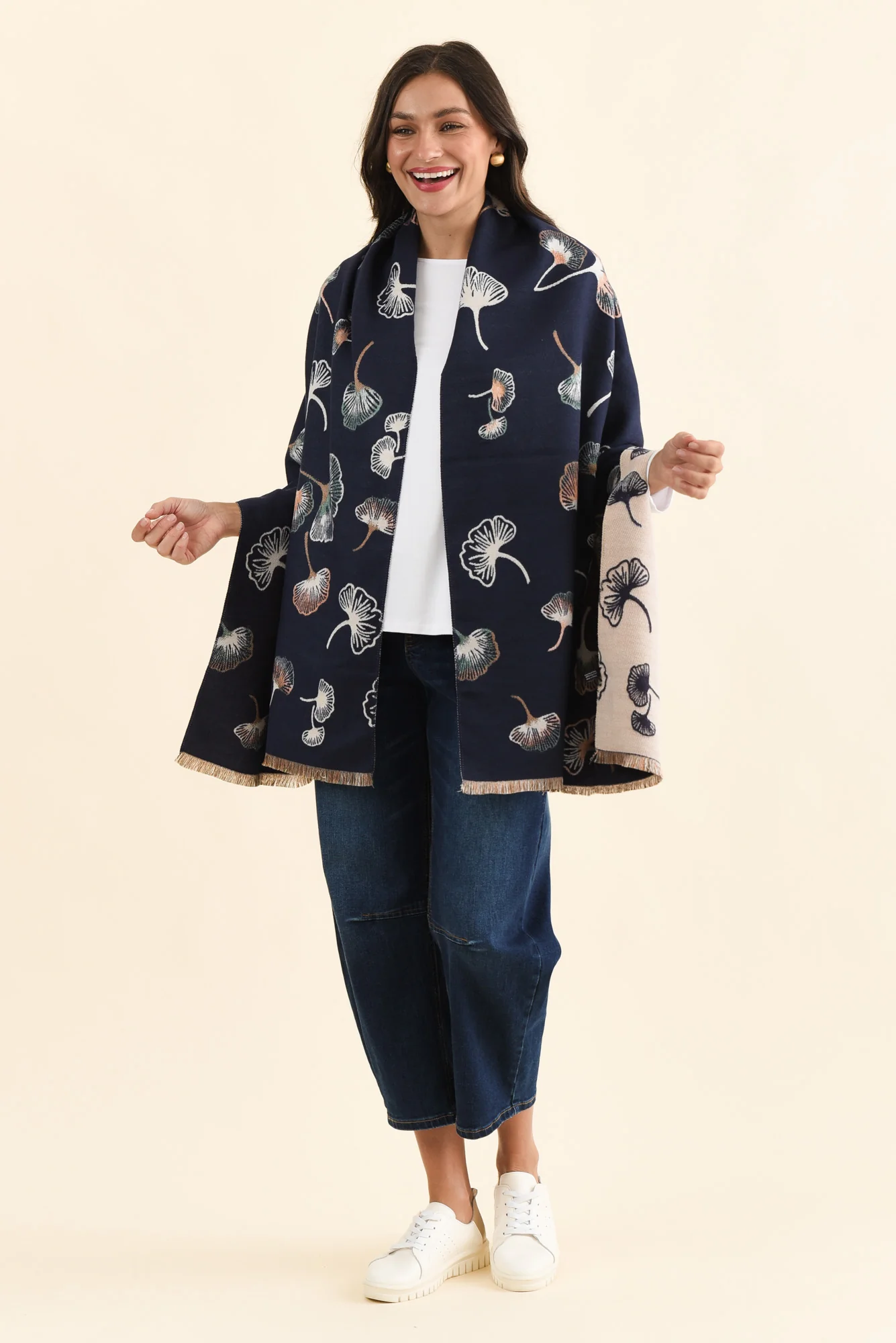 Ginko Navy Flower Scarf - Image 3