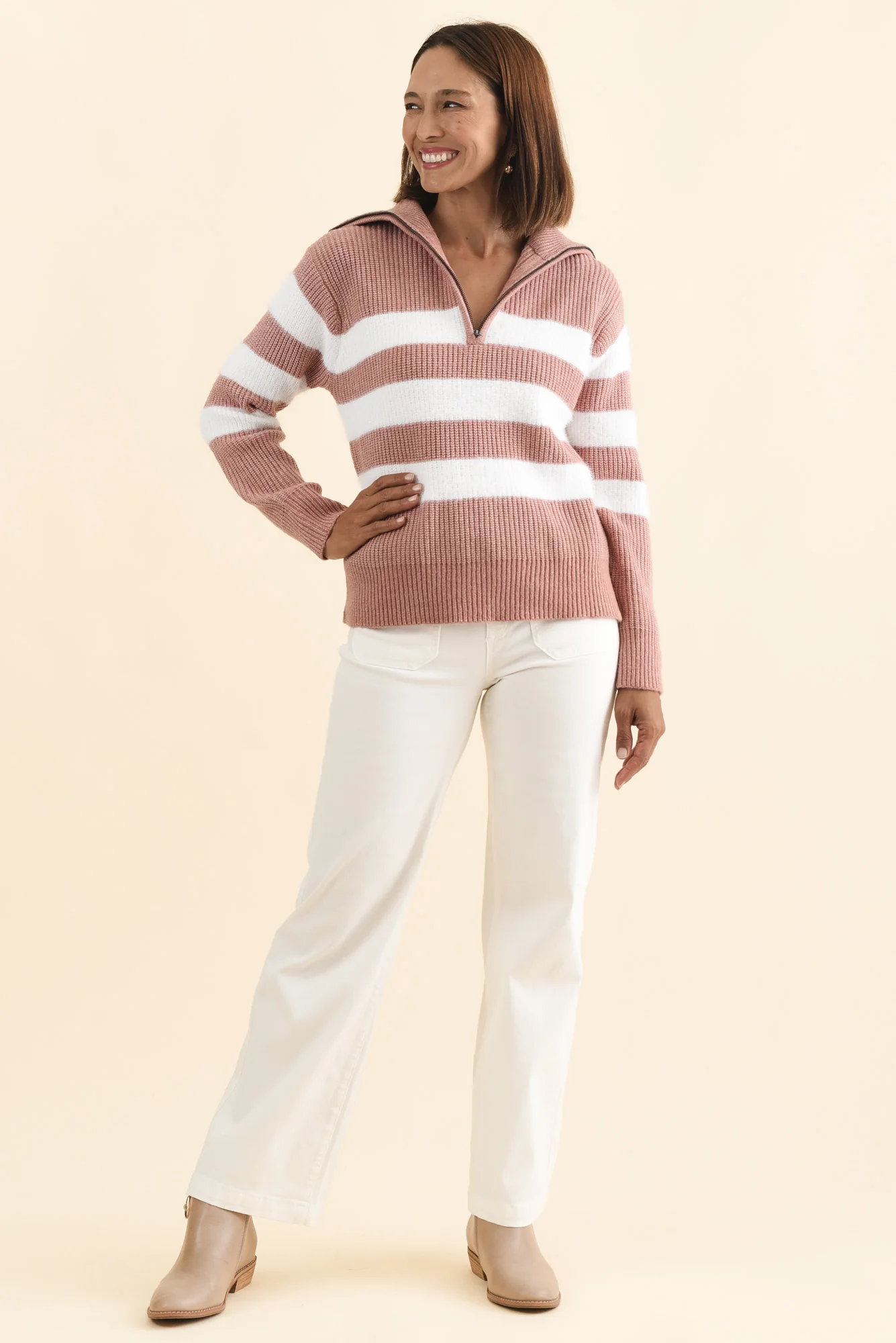 Gracie Pink Stripe Half Zip Knit Jumper - Image 6