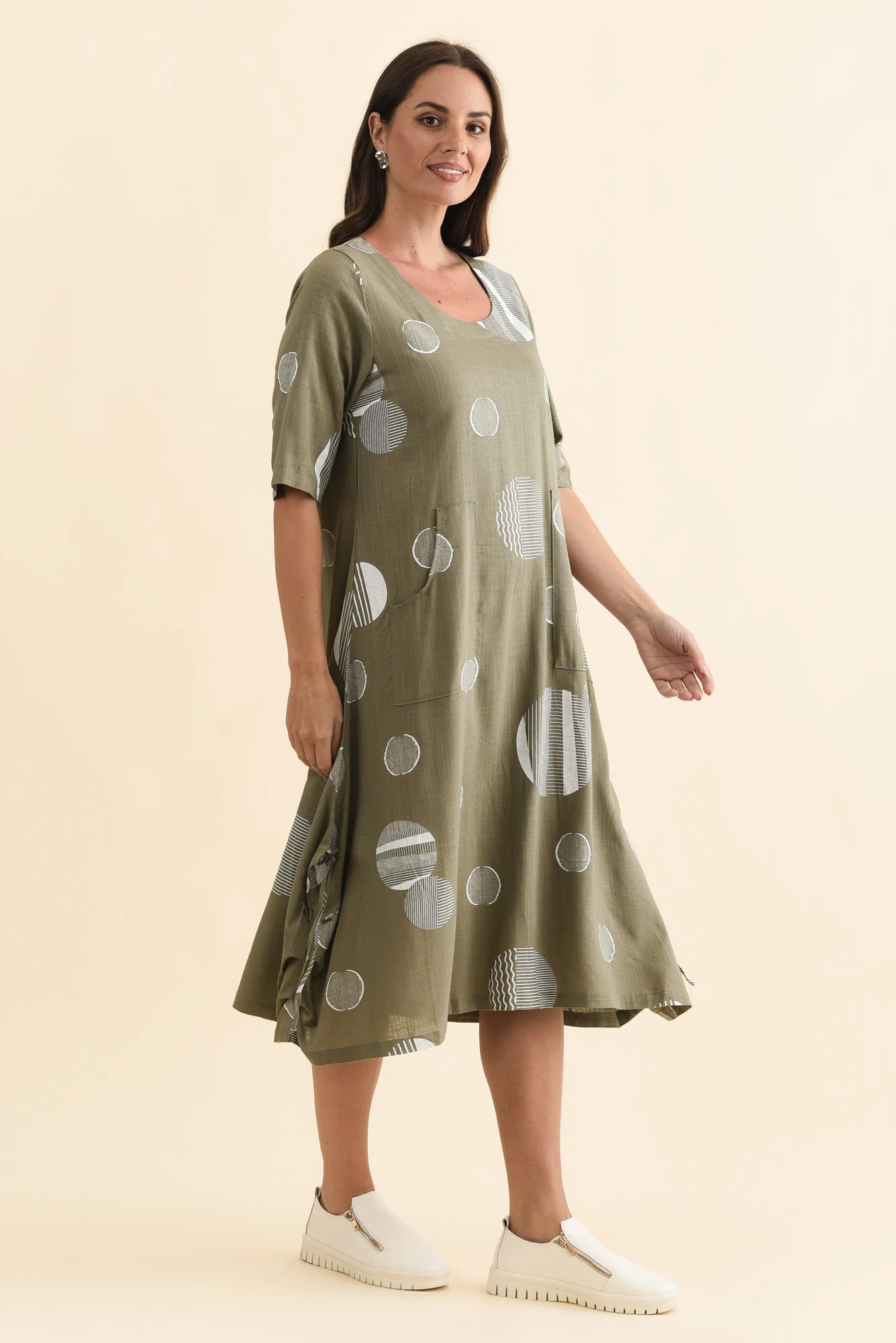 Hailee Olive Spot Linen Cotton Dress - Image 3