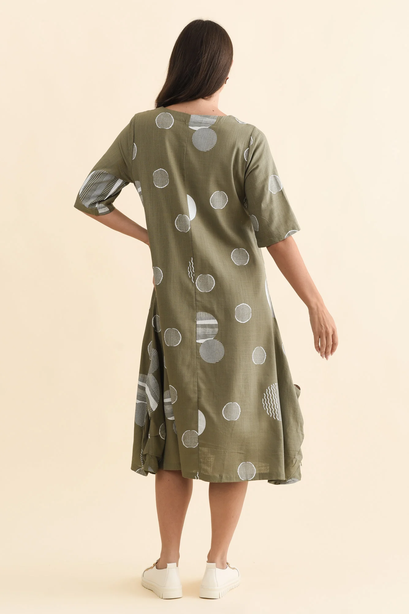 Hailee Olive Spot Linen Cotton Dress - Image 4