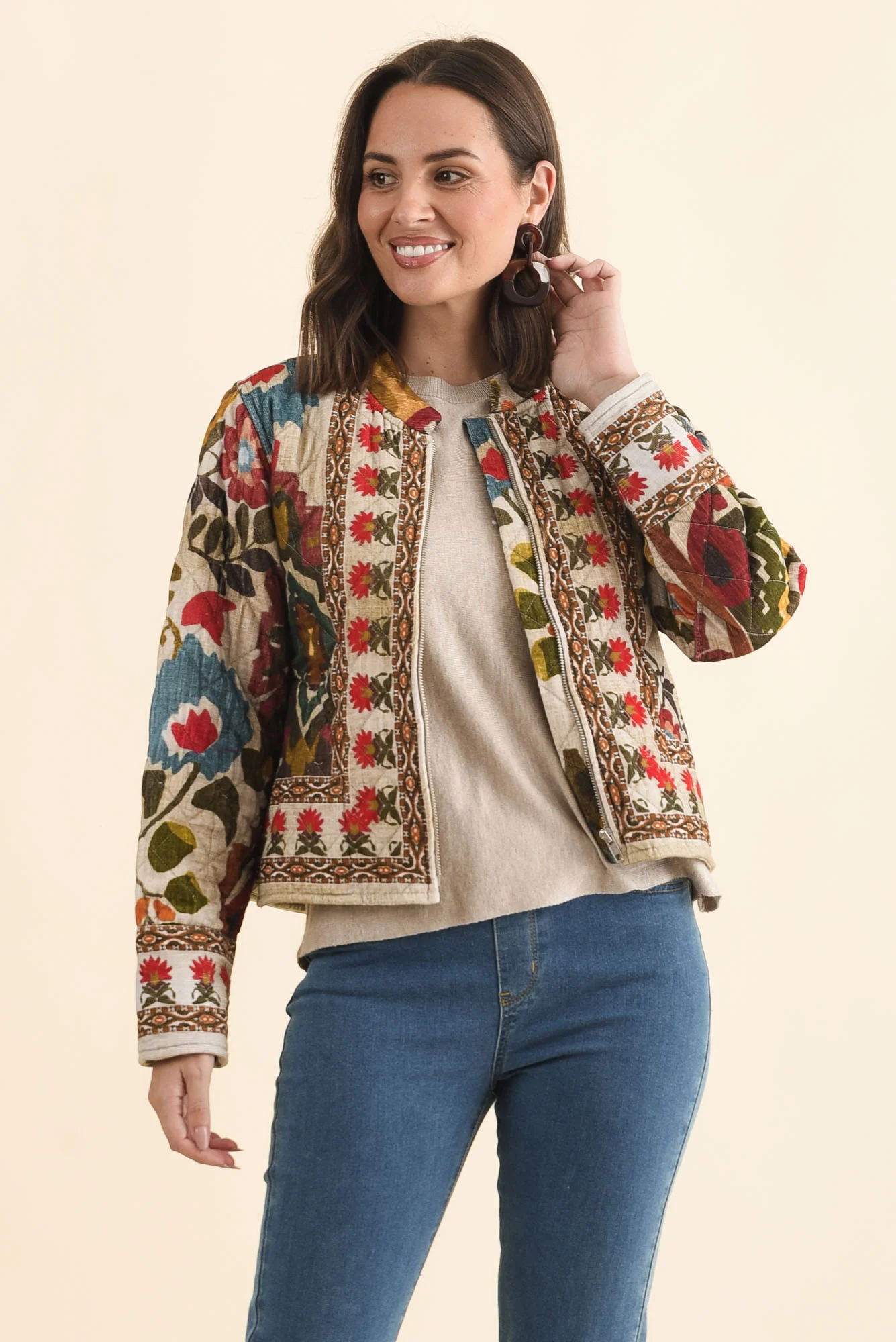 Harmony Taupe Abstract Quilted Cotton Jacket