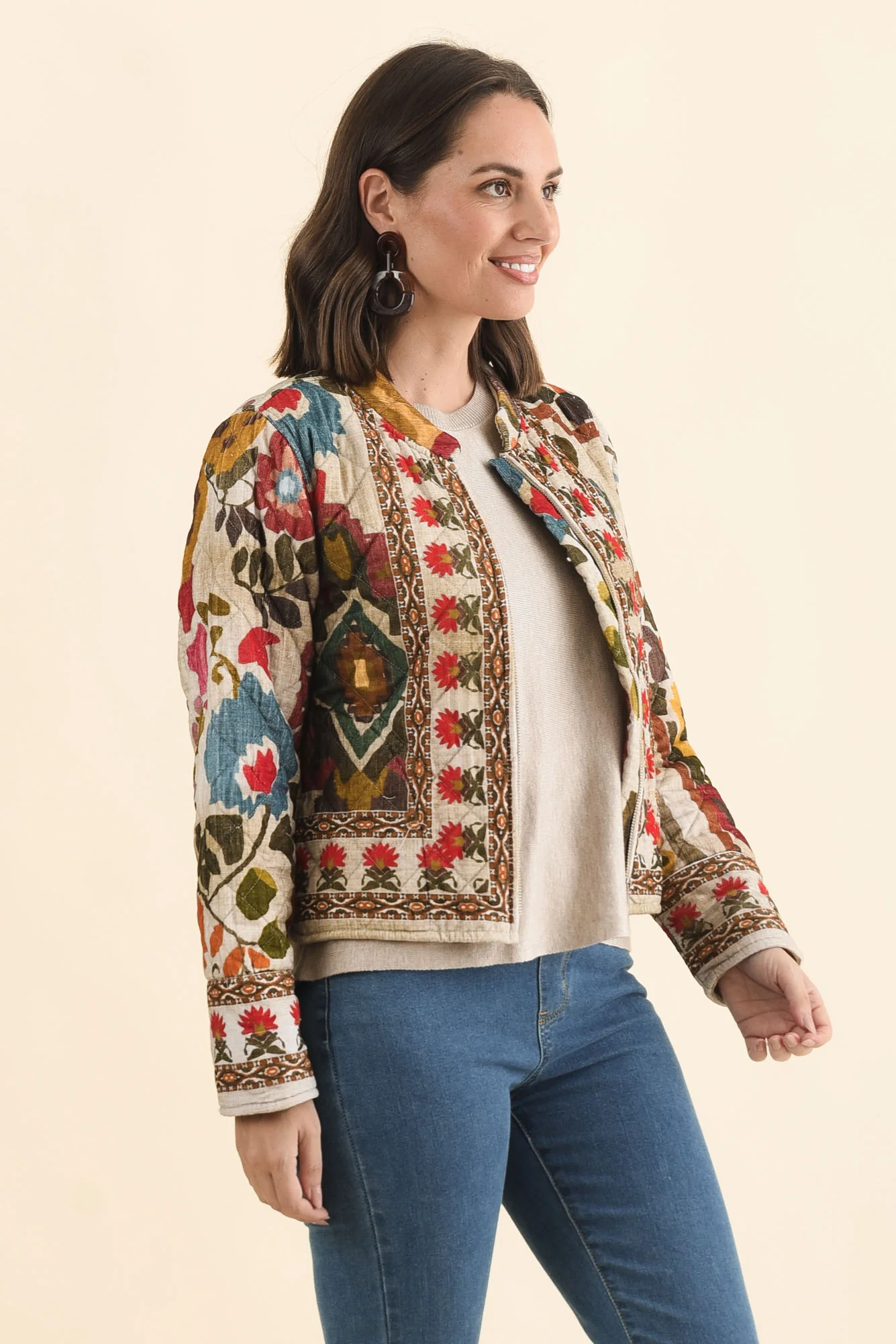 Harmony Taupe Abstract Quilted Cotton Jacket - Image 3