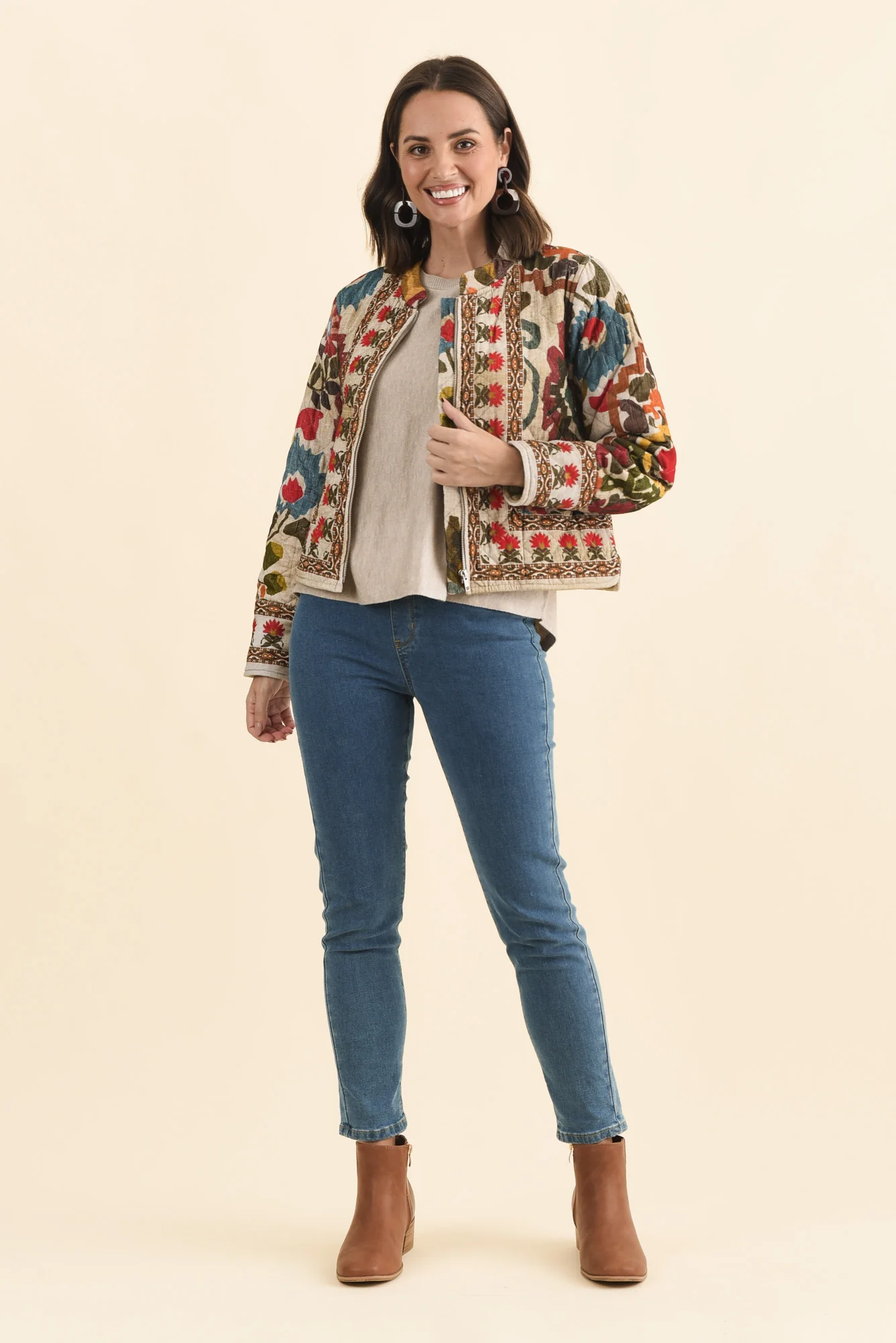 Harmony Taupe Abstract Quilted Cotton Jacket - Image 6