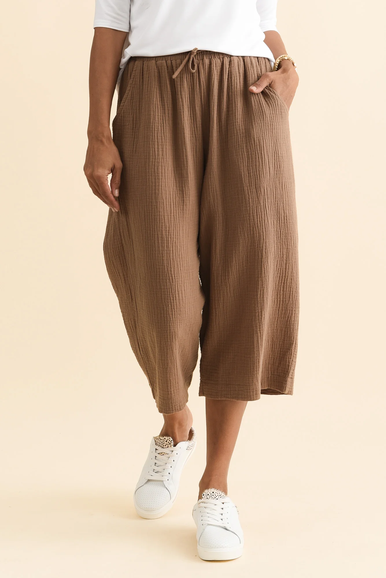Harvey Mocha Cotton Cheesecloth Cropped Pants - Image 2