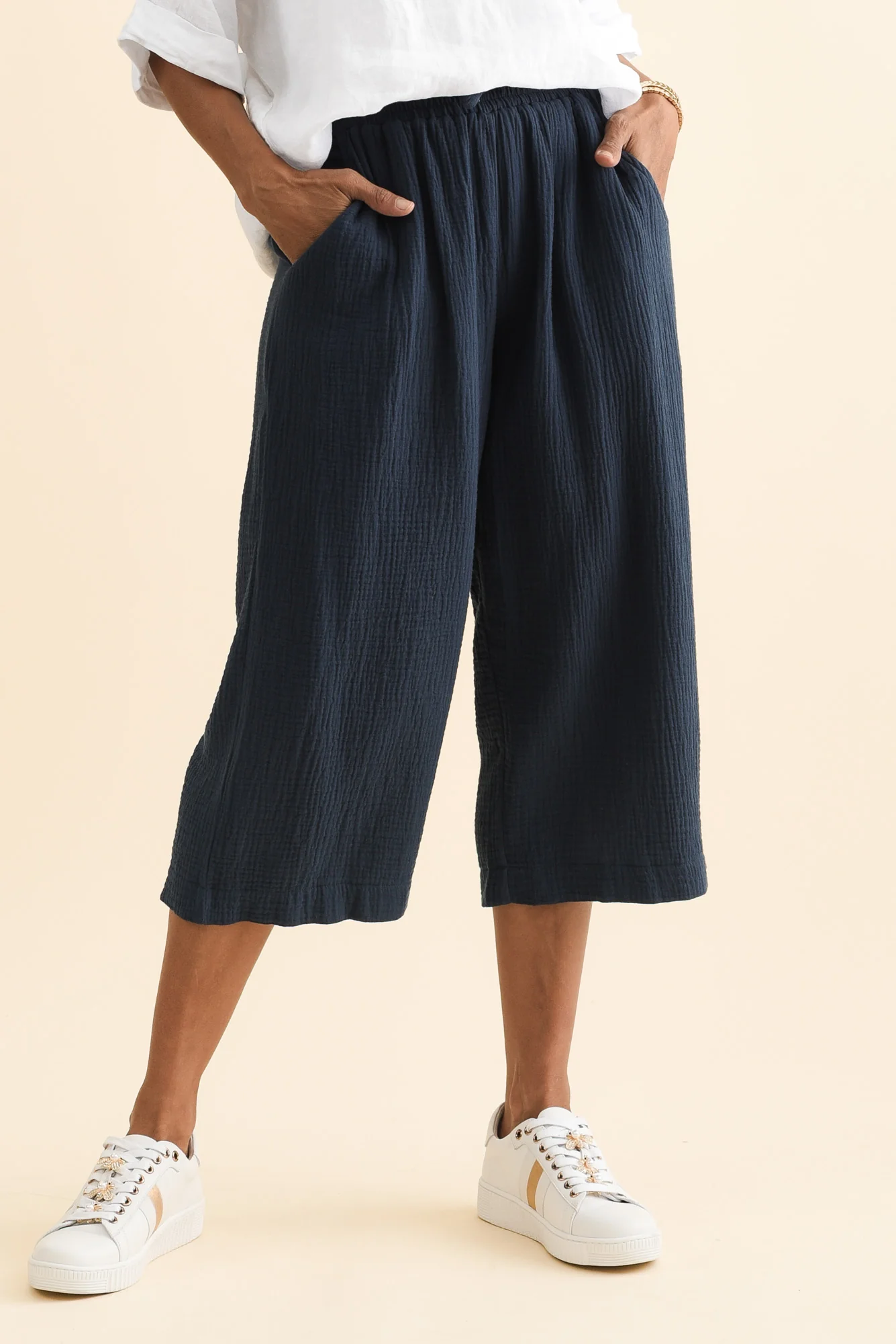Harvey Navy Cotton Cheesecloth Cropped Pants