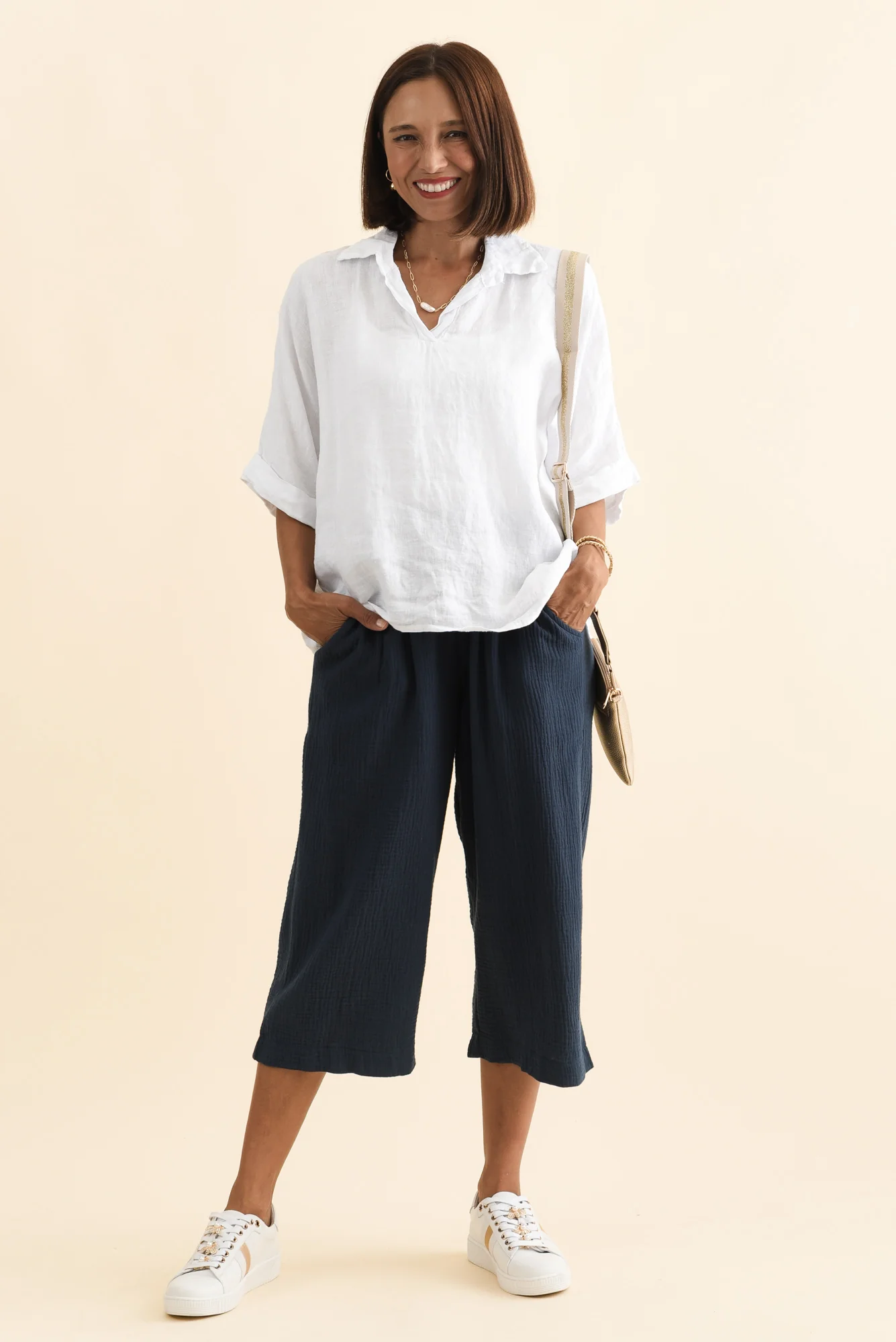 Harvey Navy Cotton Cheesecloth Cropped Pants - Image 2