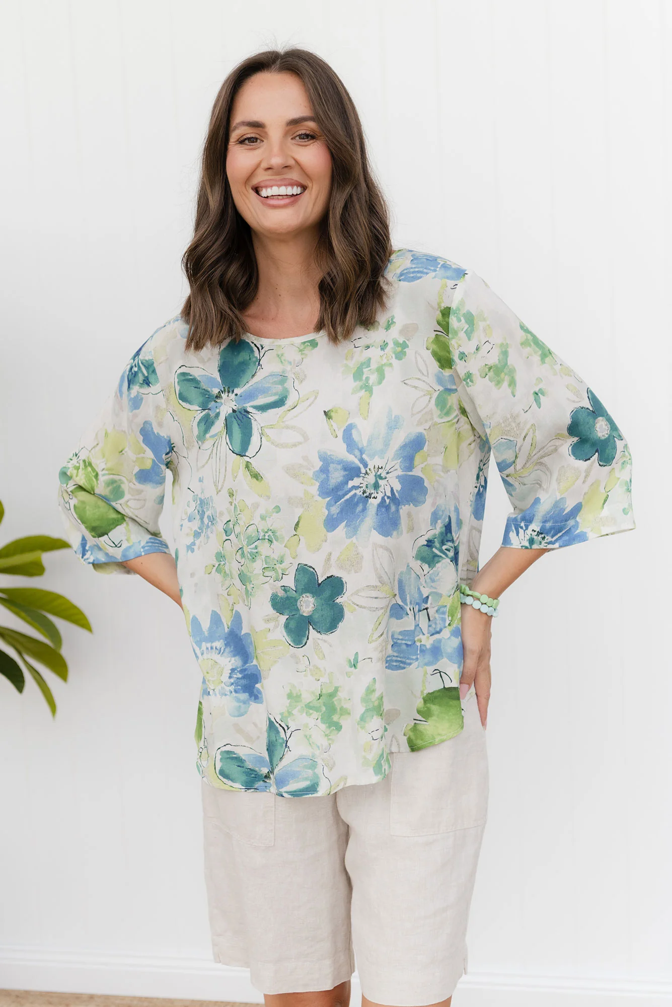Hepburn Green Floral Linen Blend Top