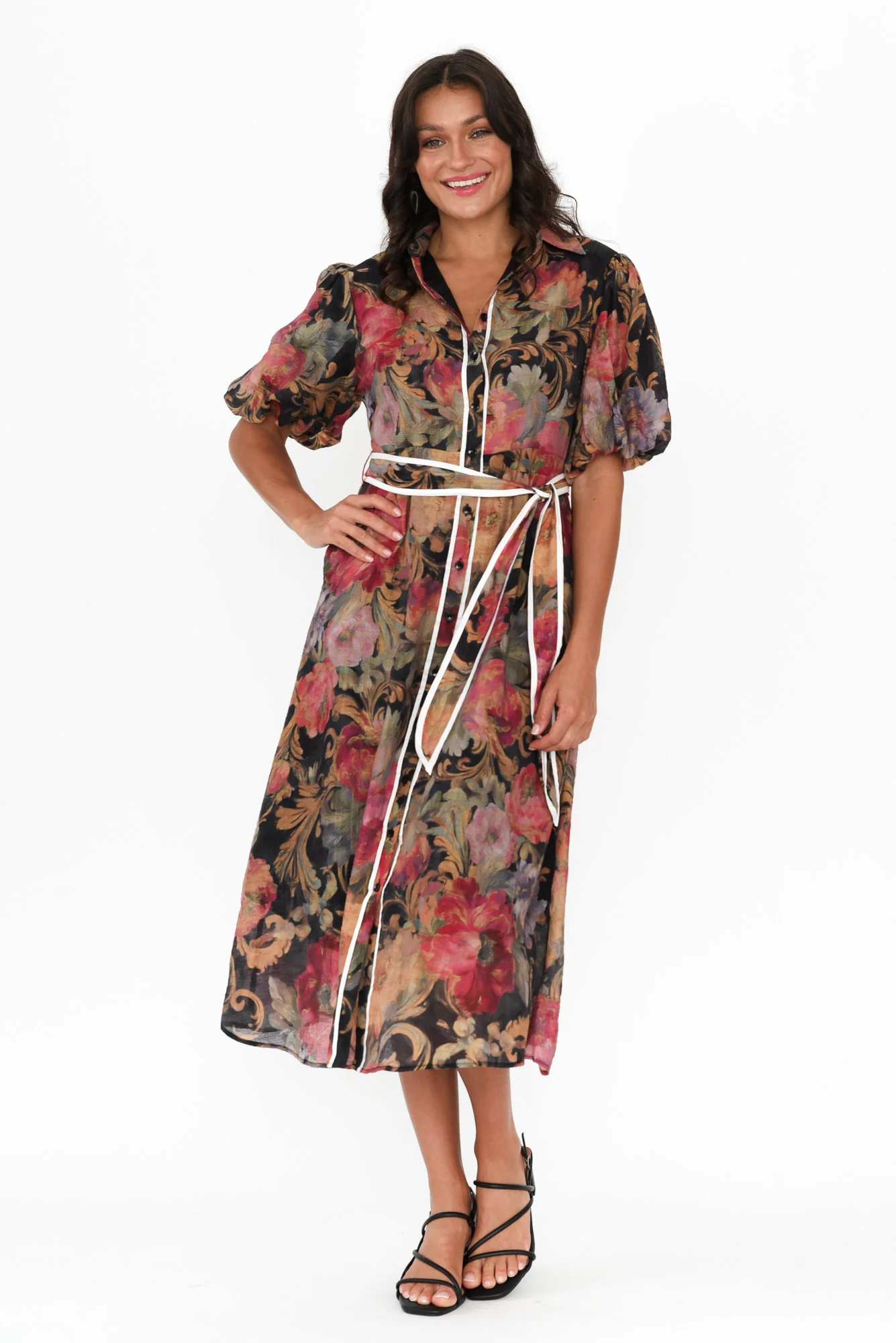 Hilma Black Floral Cotton Blend Tie Dress - Image 2
