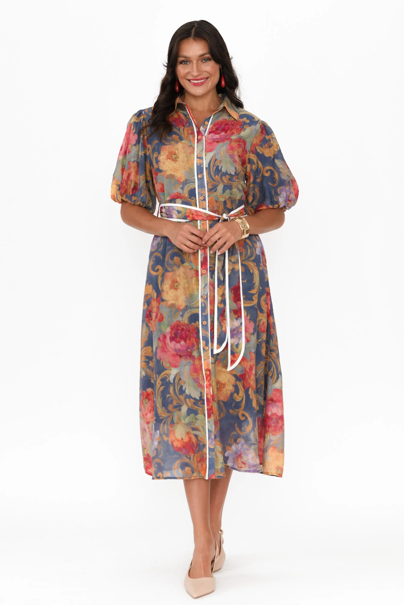 Hilma Blue Floral Cotton Blend Tie Dress