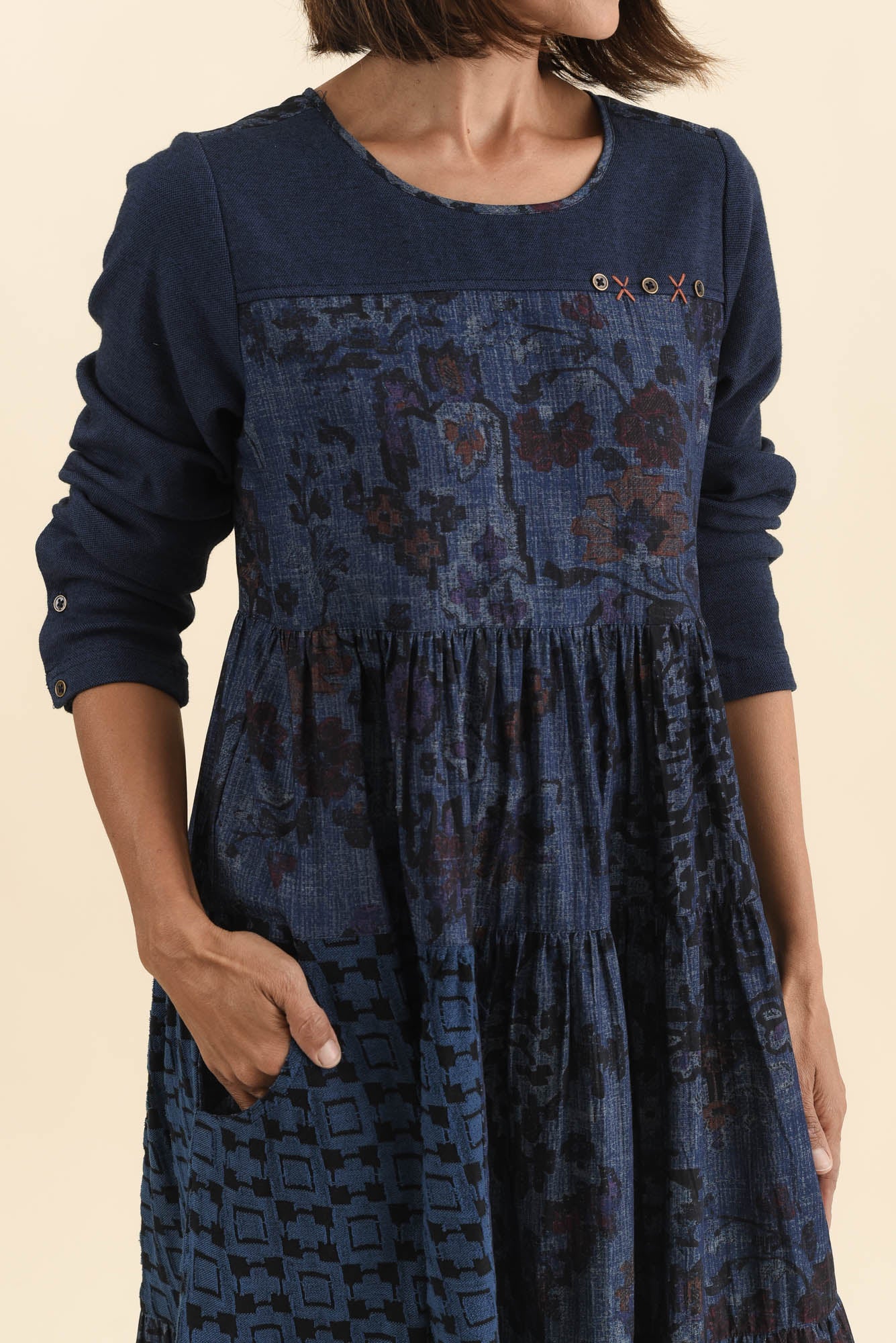 Horai Navy Patchwork Cotton Dress - Image 5