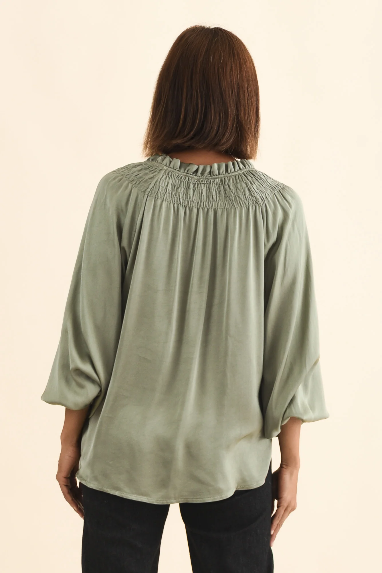 Isaac Khaki Silk Ruched Top - Image 5