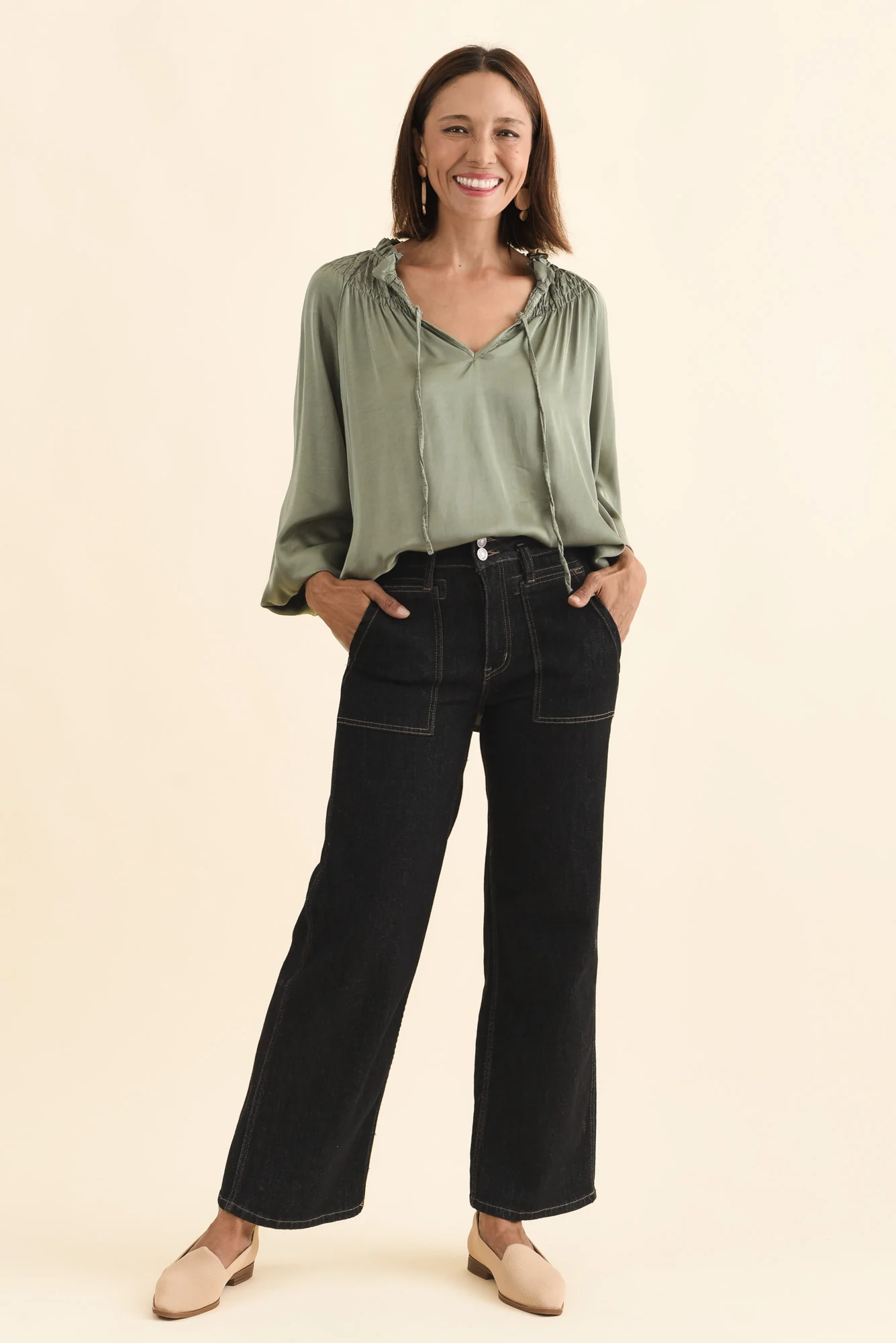 Isaac Khaki Silk Ruched Top - Image 7