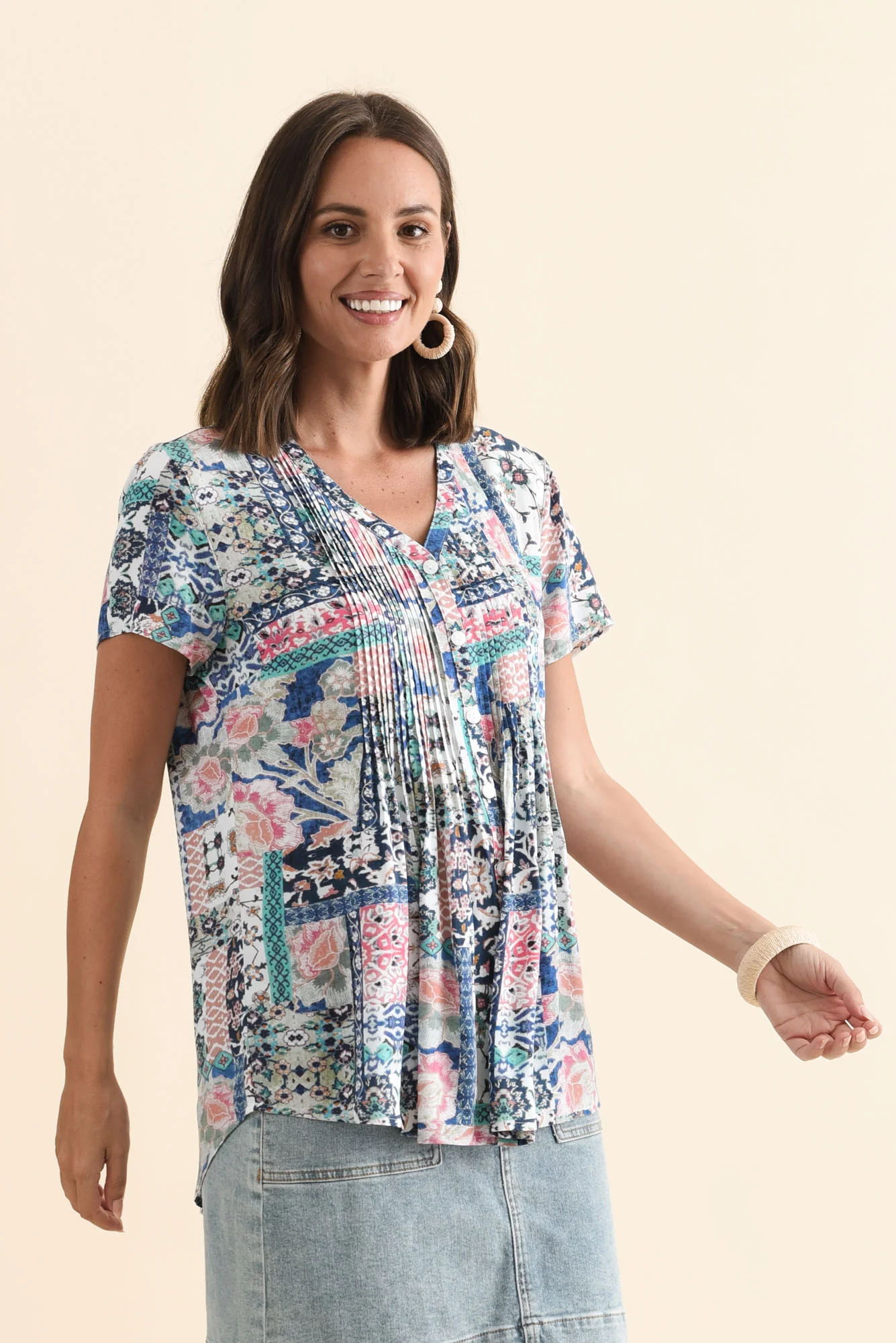 Isobel Blue Mosaic Button Top - Image 3
