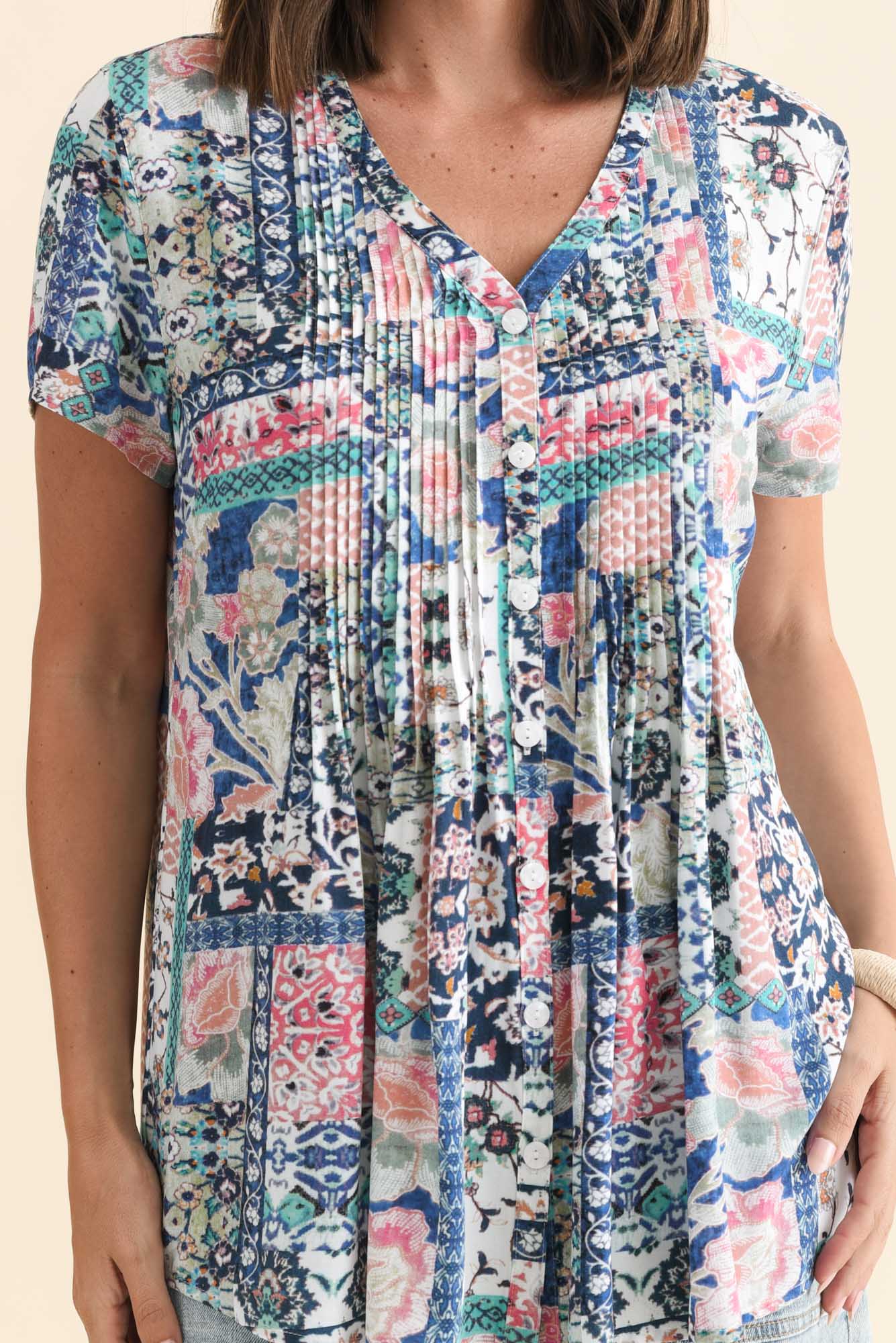 Isobel Blue Mosaic Button Top - Image 5