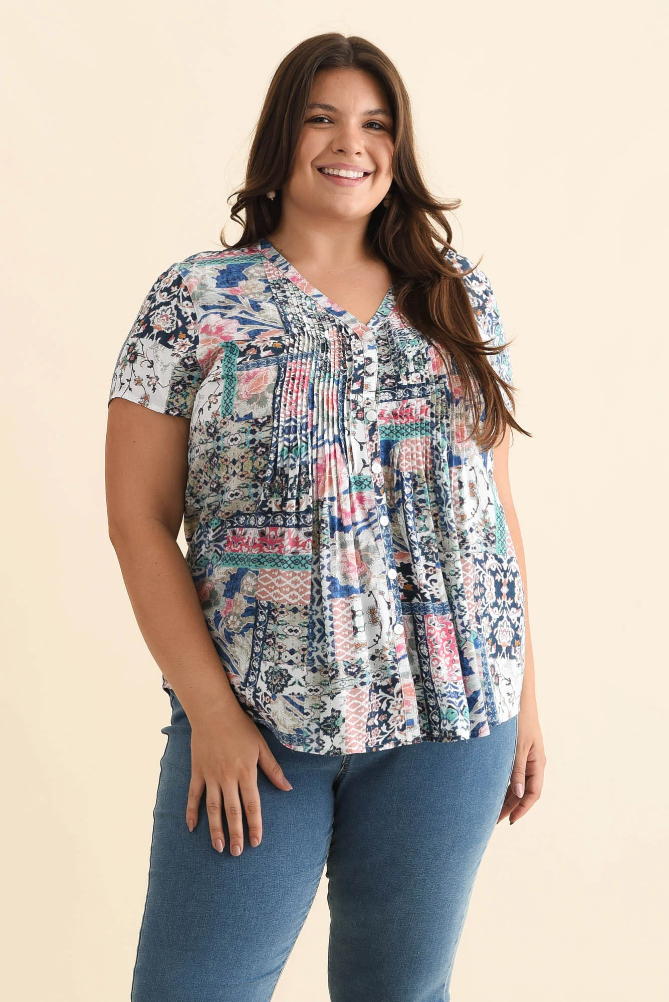 Isobel Blue Mosaic Button Top - Image 7