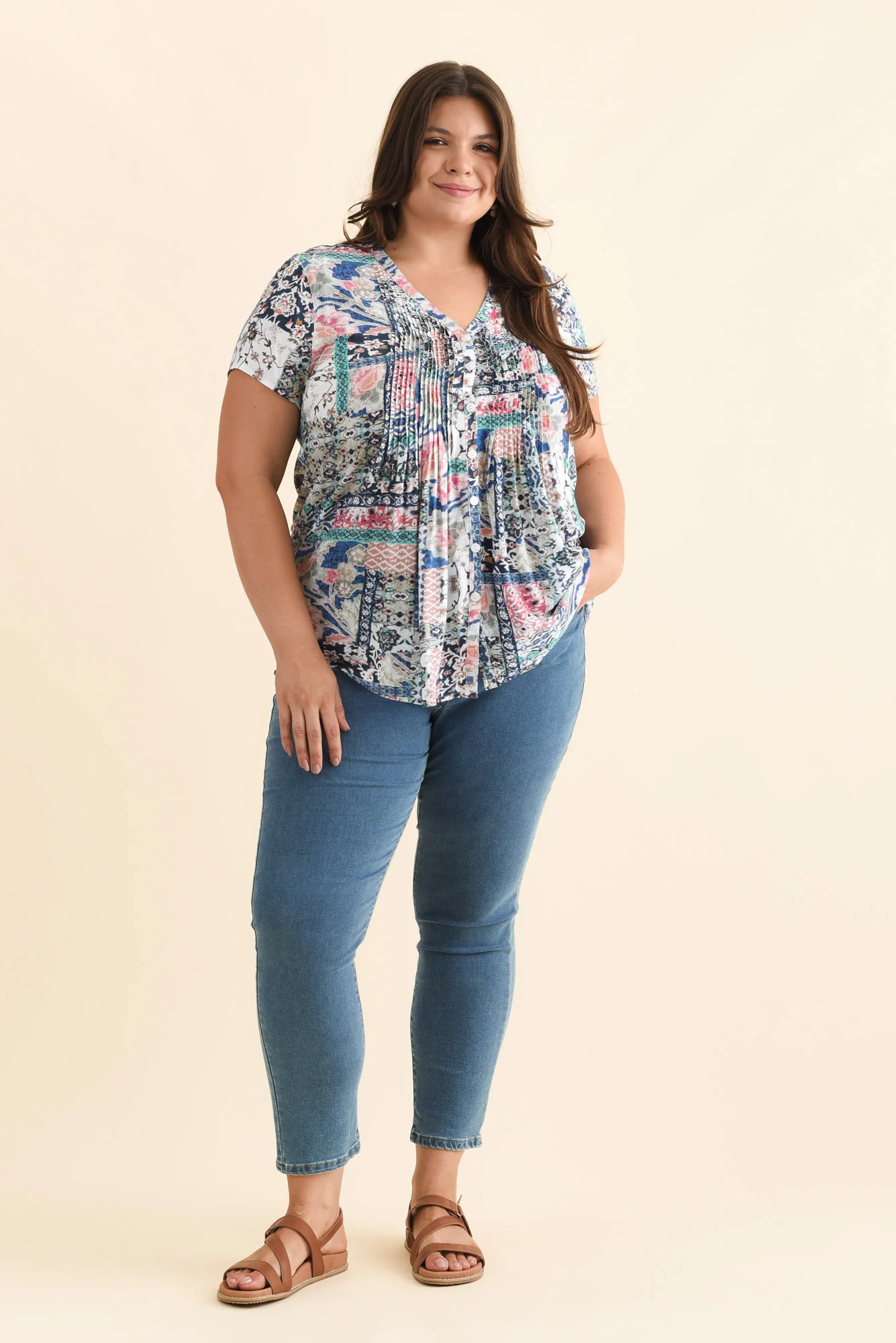 Isobel Blue Mosaic Button Top - Image 8
