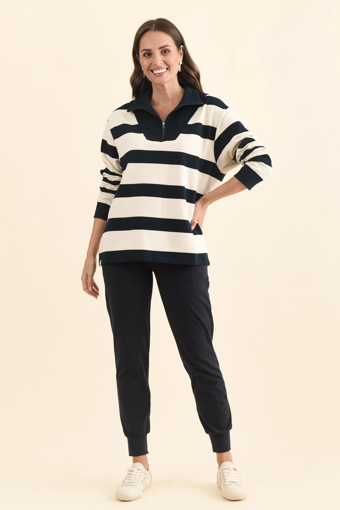Jade Navy Stripe Cotton Half Zip Sweatshirt - Image 2