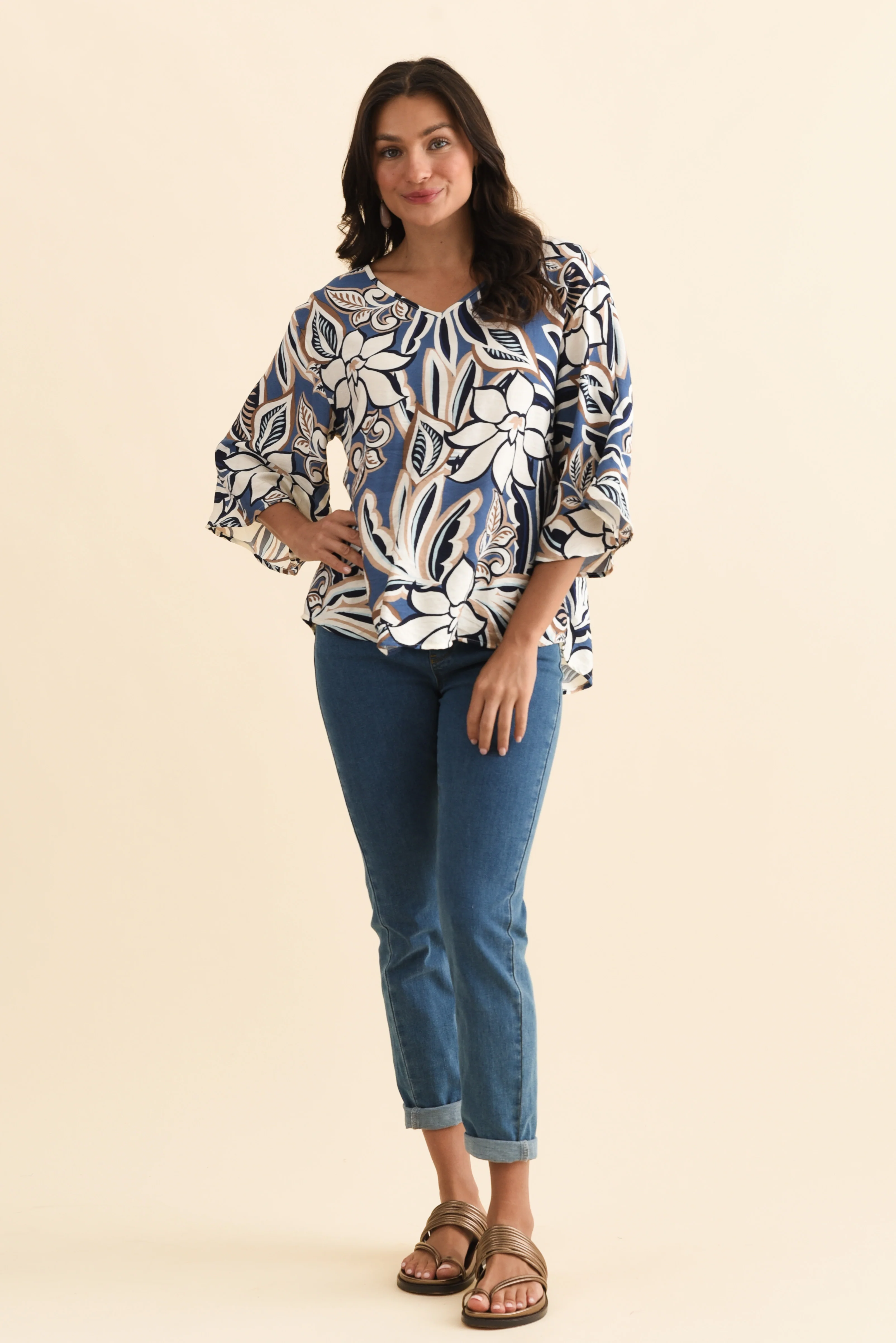 Janelle Blue Abstract V Neck Top - Image 2