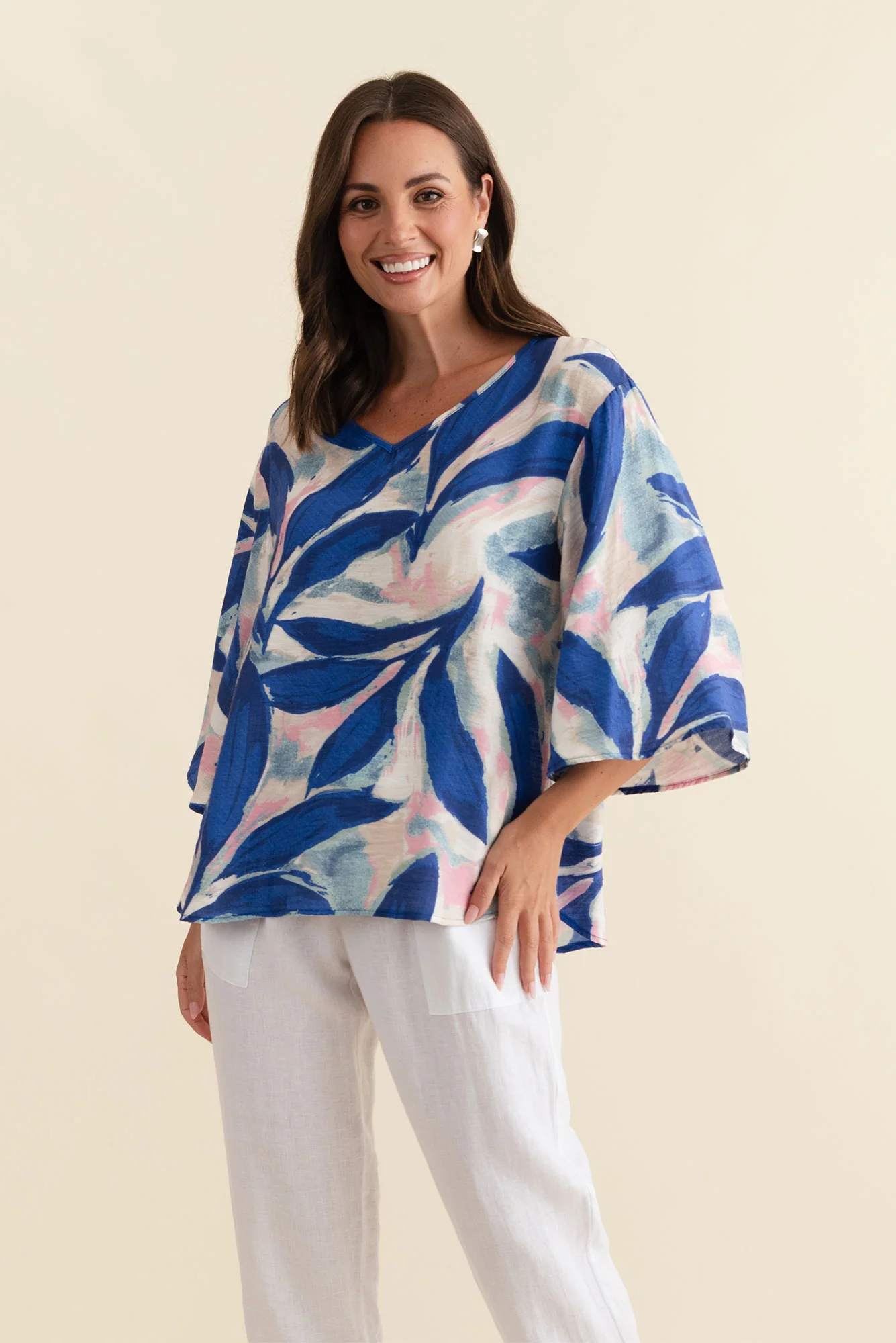 Janelle Blue Leaf V Neck Top - Image 2