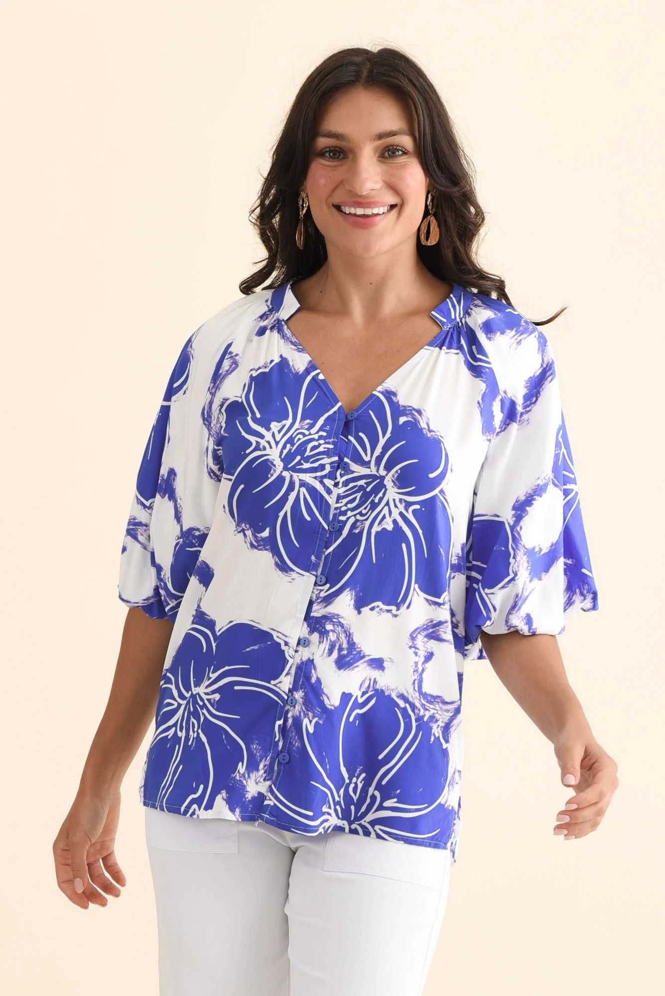 Jewel Cobalt Flower Puff Sleeve Blouse