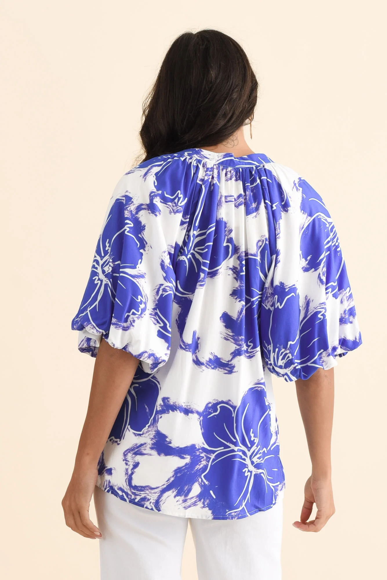 Jewel Cobalt Flower Puff Sleeve Blouse - Image 4