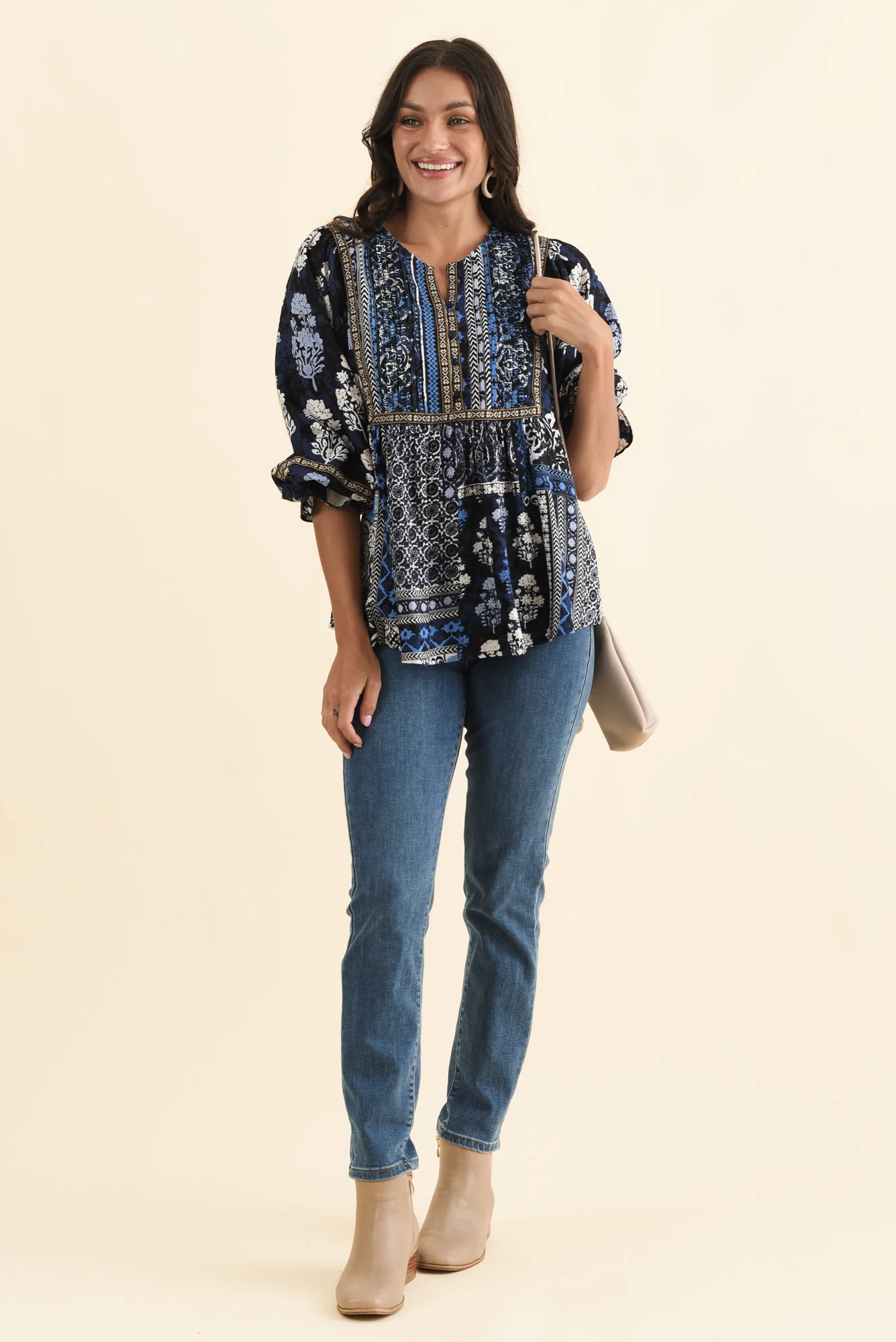 Jura Blue Motif Frill Sleeve Top - Image 2
