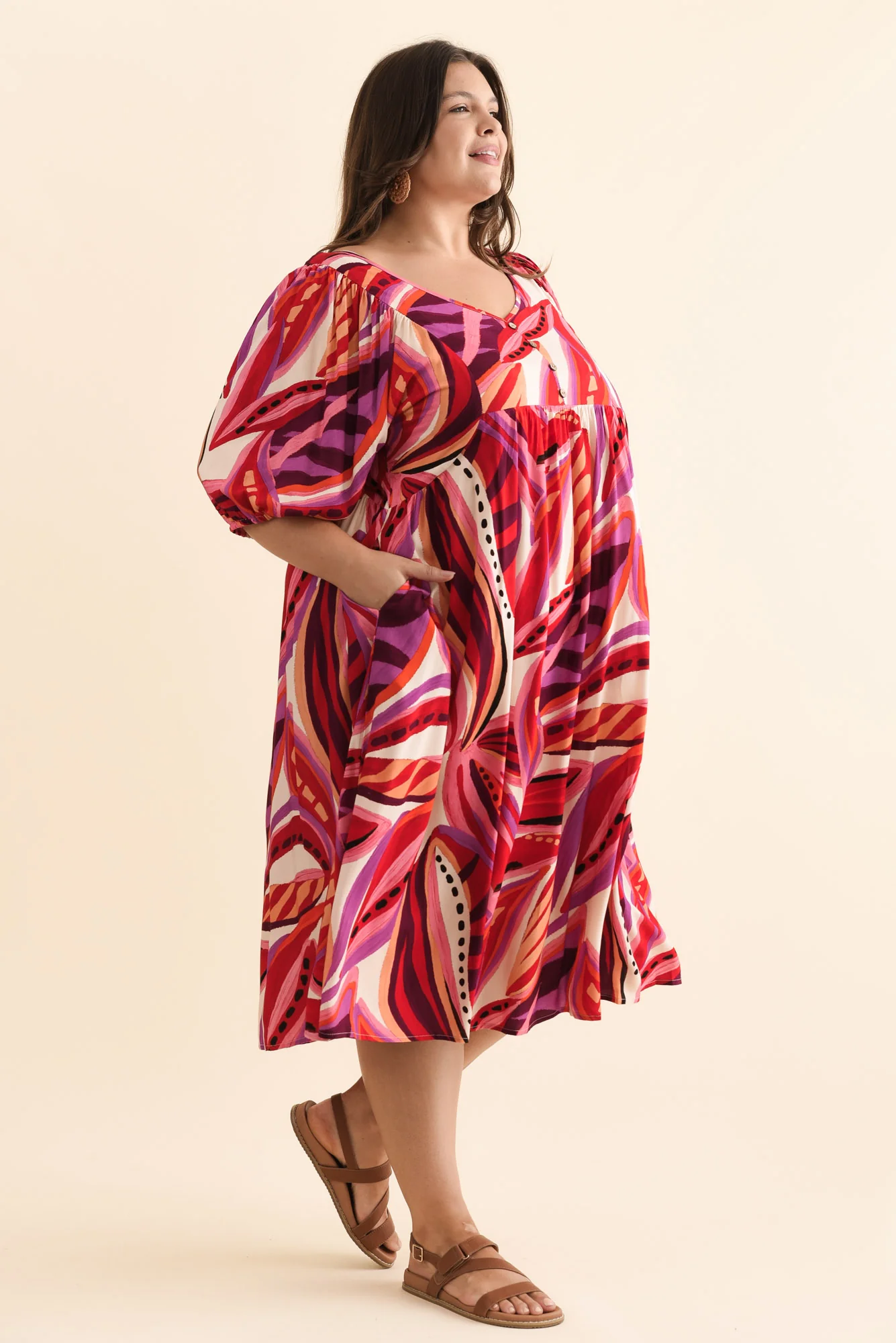 Kacey Pink Leaf Button Dress - Image 10