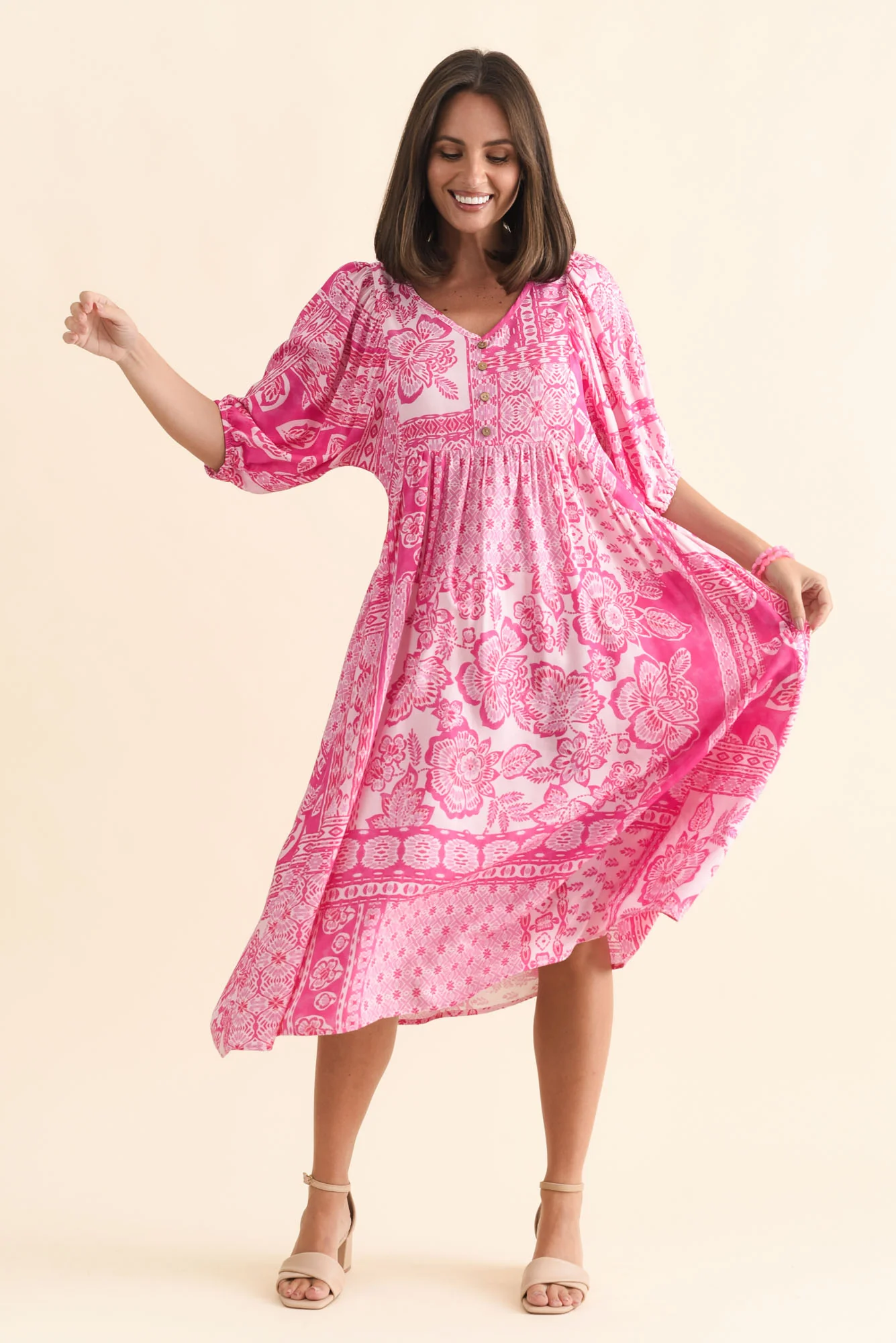 Kacey Pink Tile Button Dress - Image 3