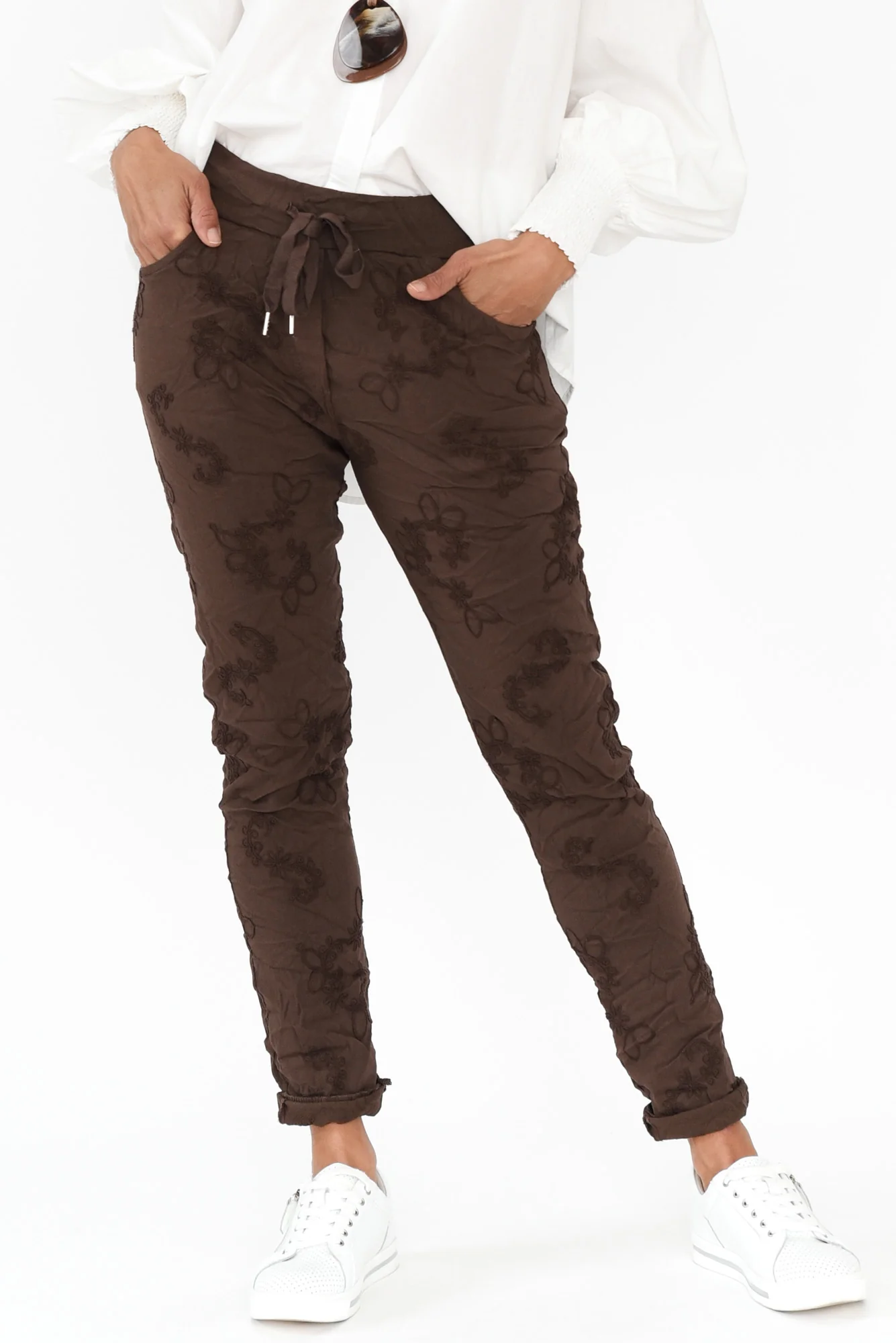 Kaia Chocolate Embroidered Drawstring Pants