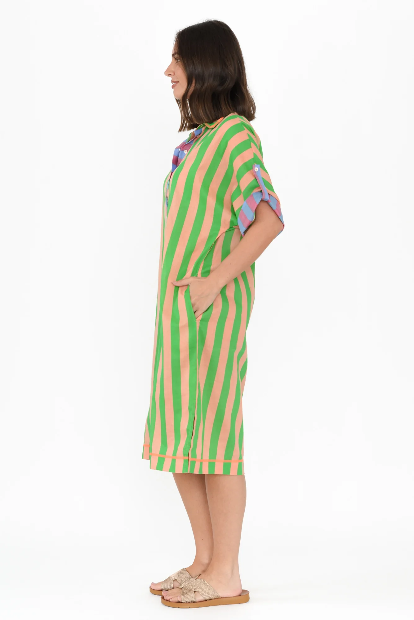 Kalinda Green Stripe Cotton Shirt Dress - Image 3