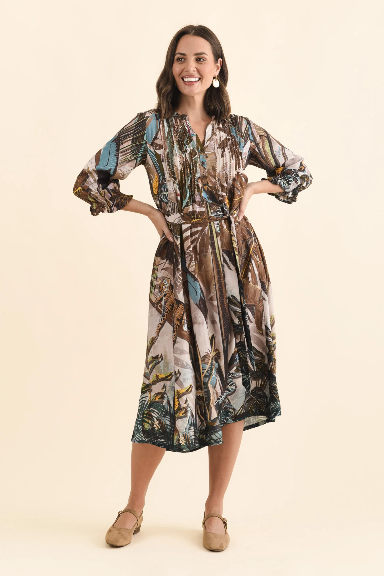 Kalmia Brown Jungle Pleated Tie Dress - Image 7