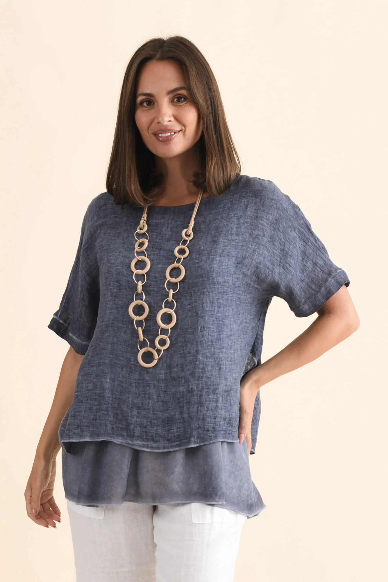 Kayla Dark Blue Linen Layered Top