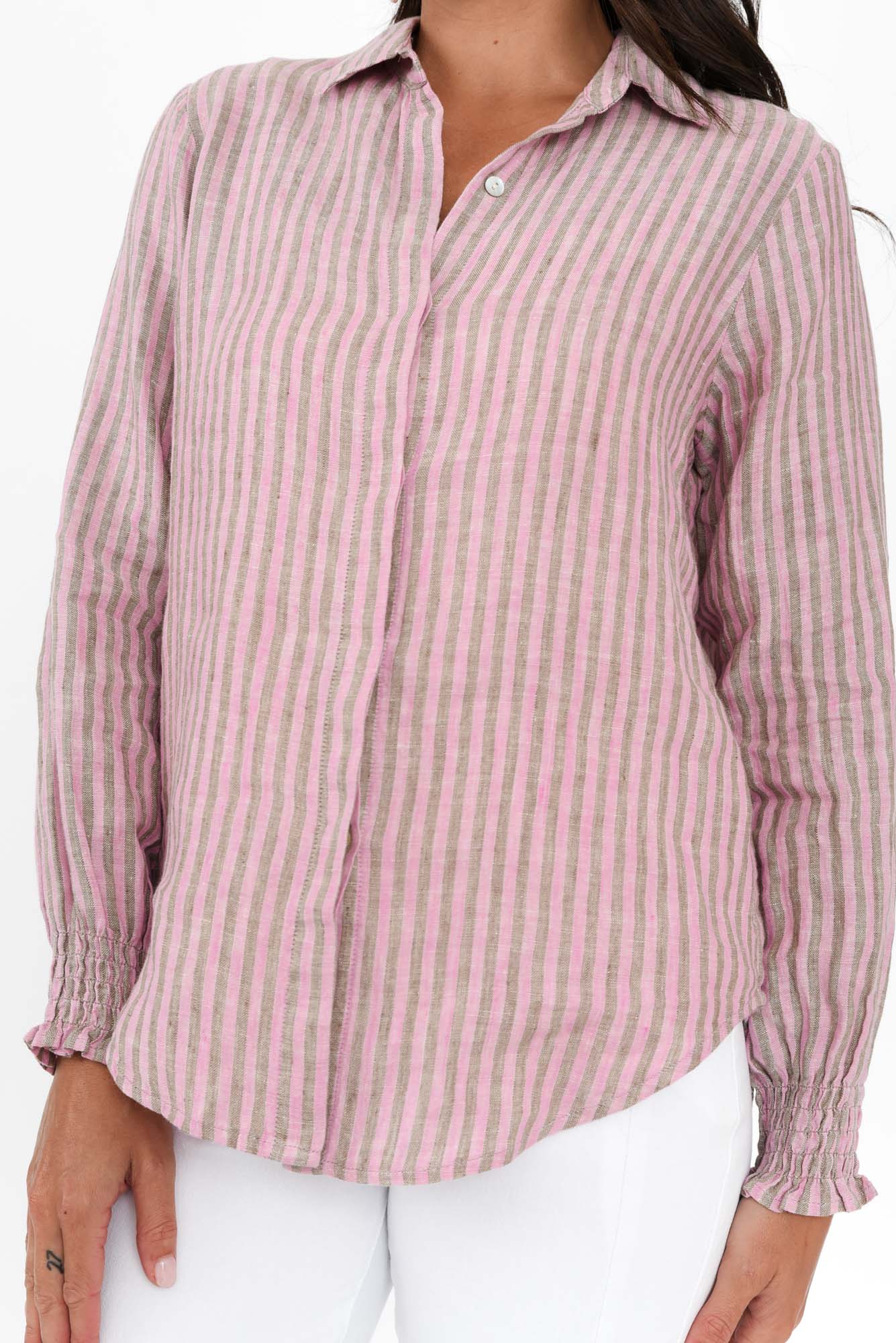 Kendo Pink Stripe Linen Collared Shirt - Image 5