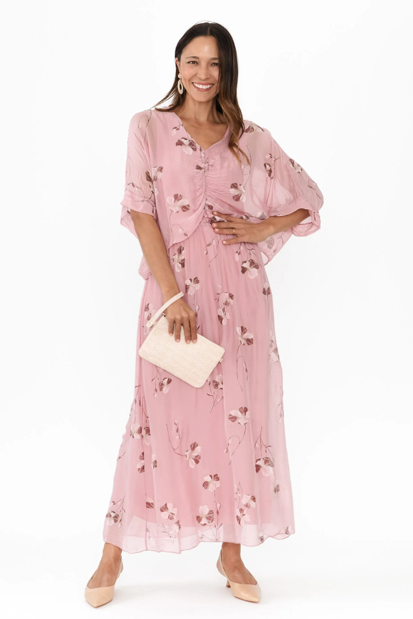 Kerry Pink Floral Silk Gathered Dress